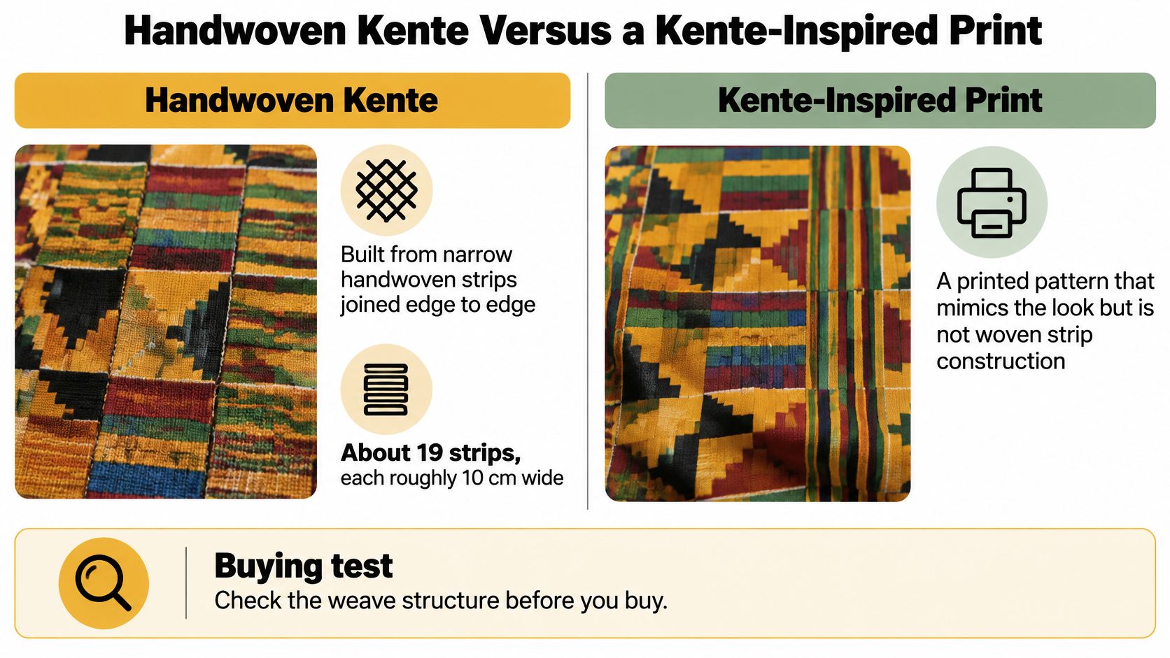 A comparison guide explaining the visual and structural differences between authentic handwoven Kente and printed Kente fabric.