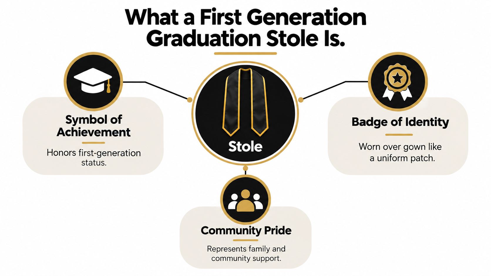 An infographic titled What a First Generation Graduation Stole Is showing it represents achievement, identity, and pride.