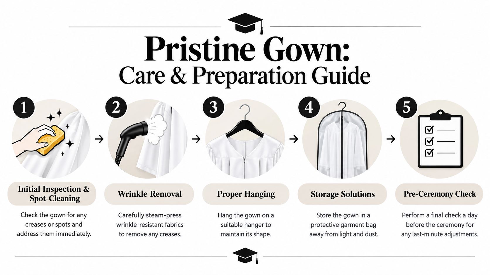 A five-step guide for caring for white graduation gowns, showing cleaning, steaming, hanging, storing, and checking.