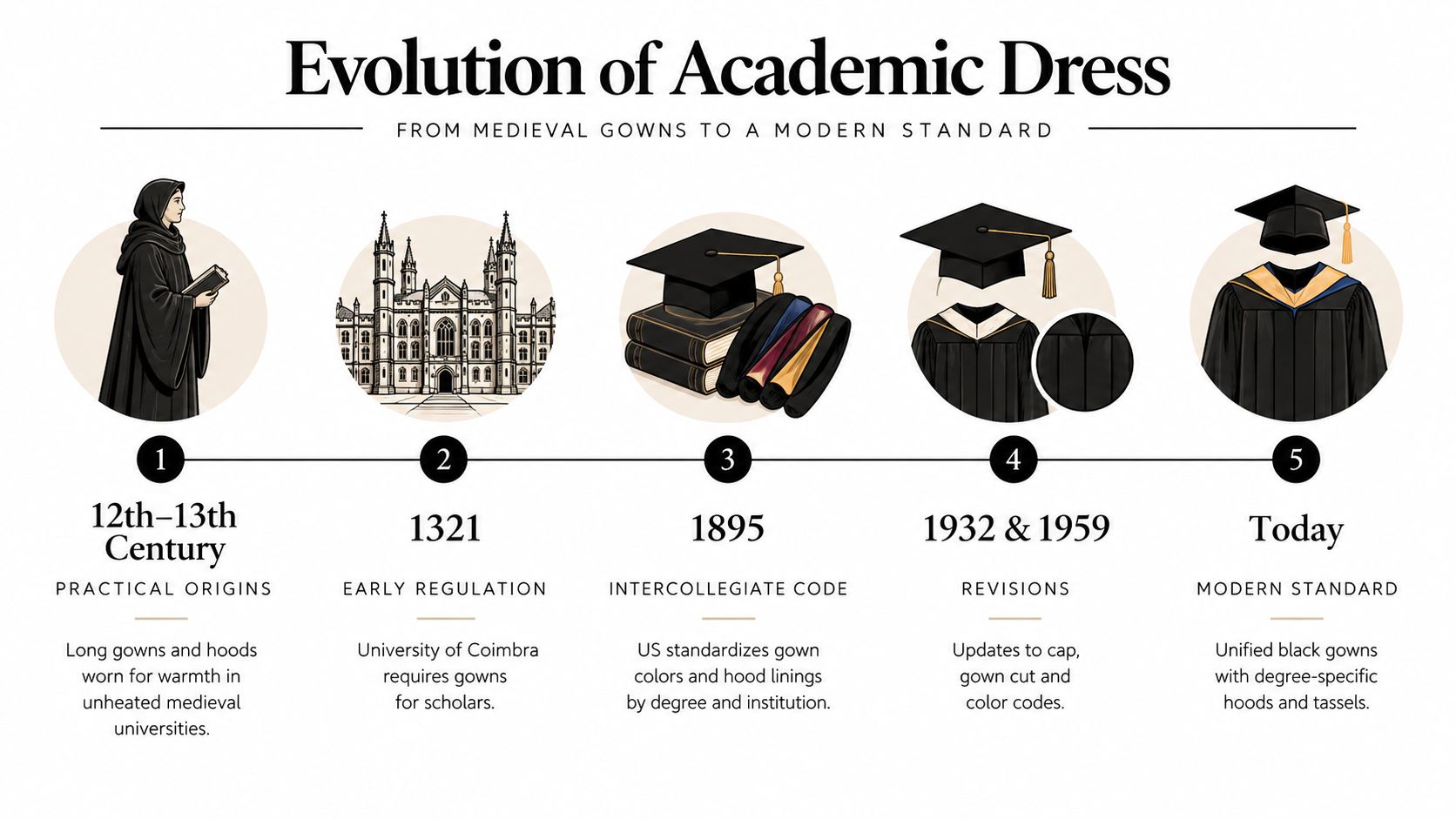 A timeline illustration showing the evolution of academic dress from medieval gowns to modern graduation attire.