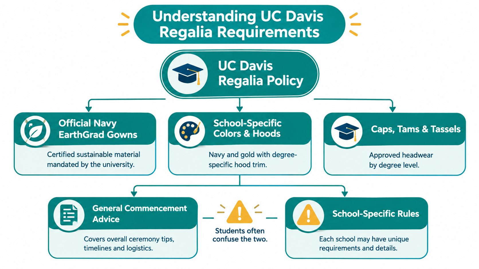 A flowchart infographic detailing UC Davis regalia requirements, covering gowns, school-specific colors, and graduation ceremony advice.