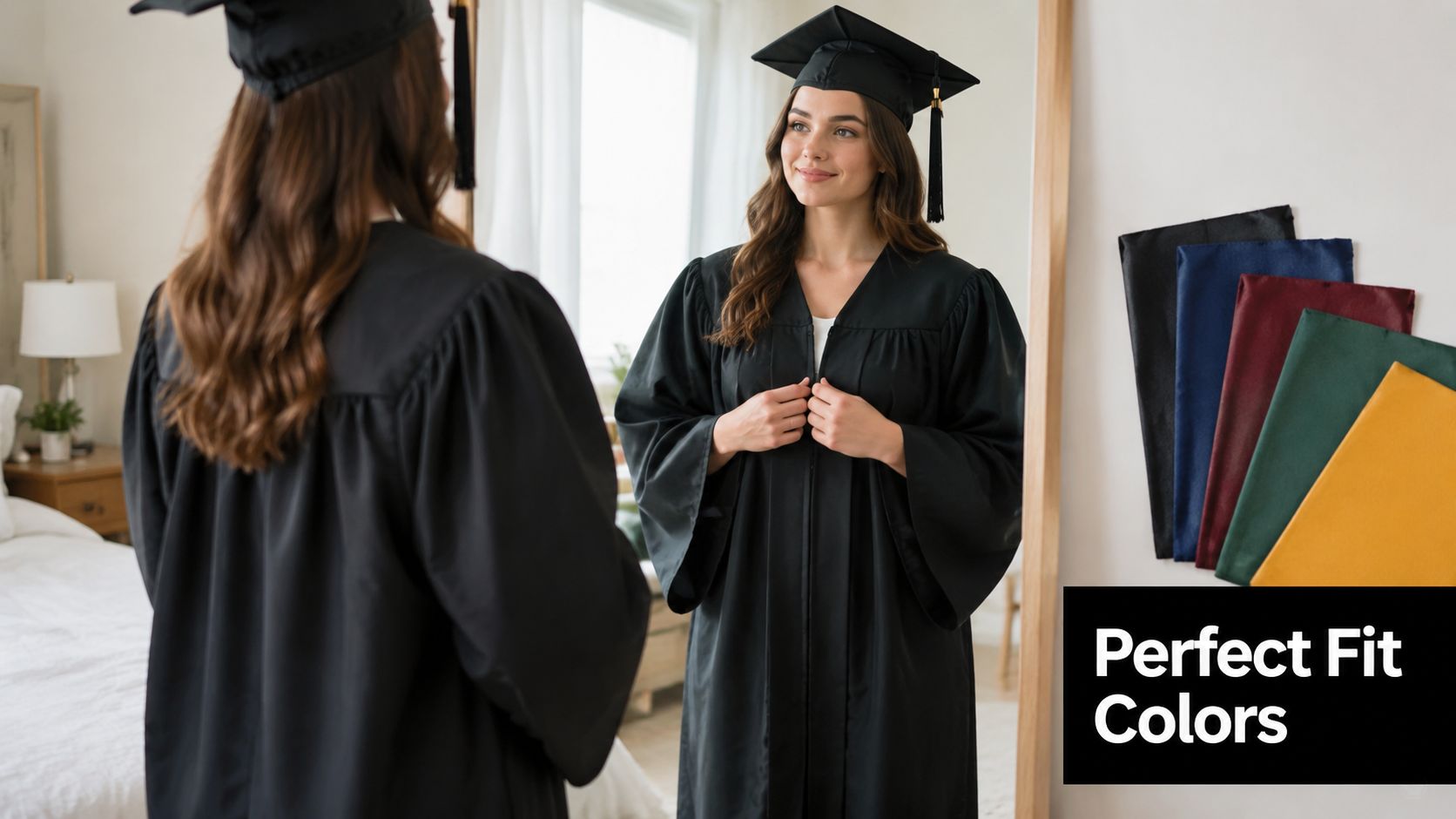 A smiling young woman in a black graduation gown and cap looks at herself in a mirror.