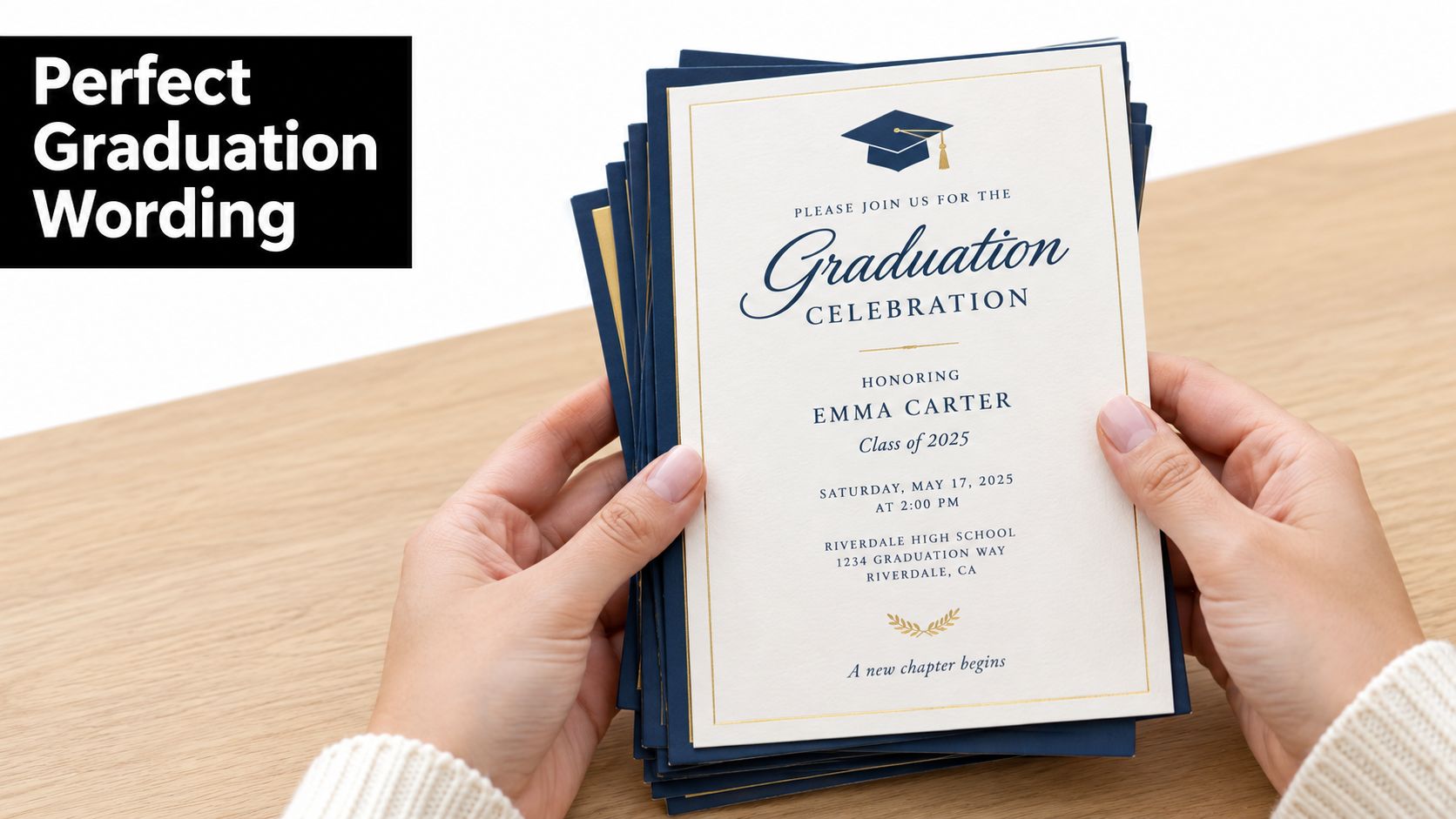 A person holding a stack of elegant graduation celebration invitations with navy blue and gold accents.