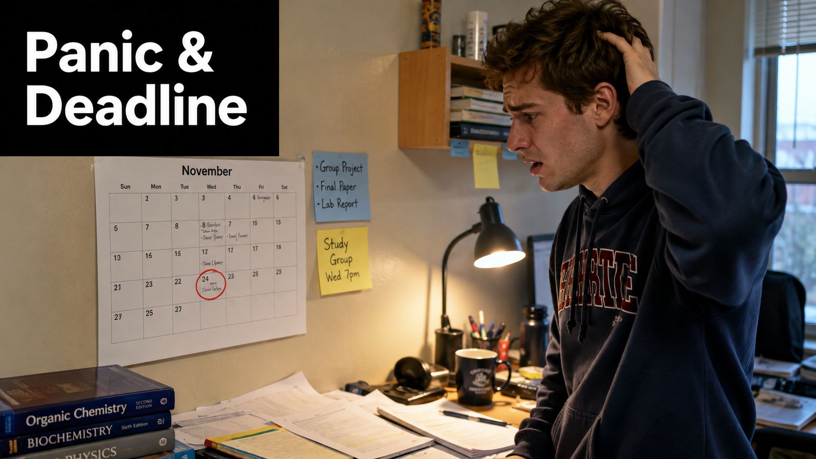 A stressed university student looks at a calendar marked with deadlines in his cluttered study room.