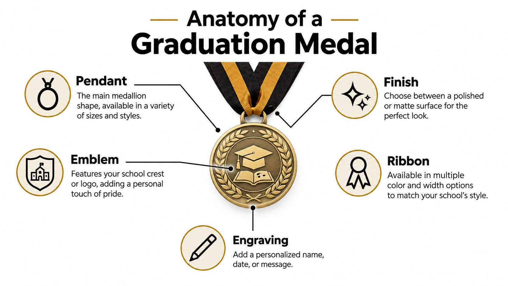 An infographic titled Anatomy of a Graduation Medal explaining the components: pendant, emblem, finish, ribbon, and engraving.