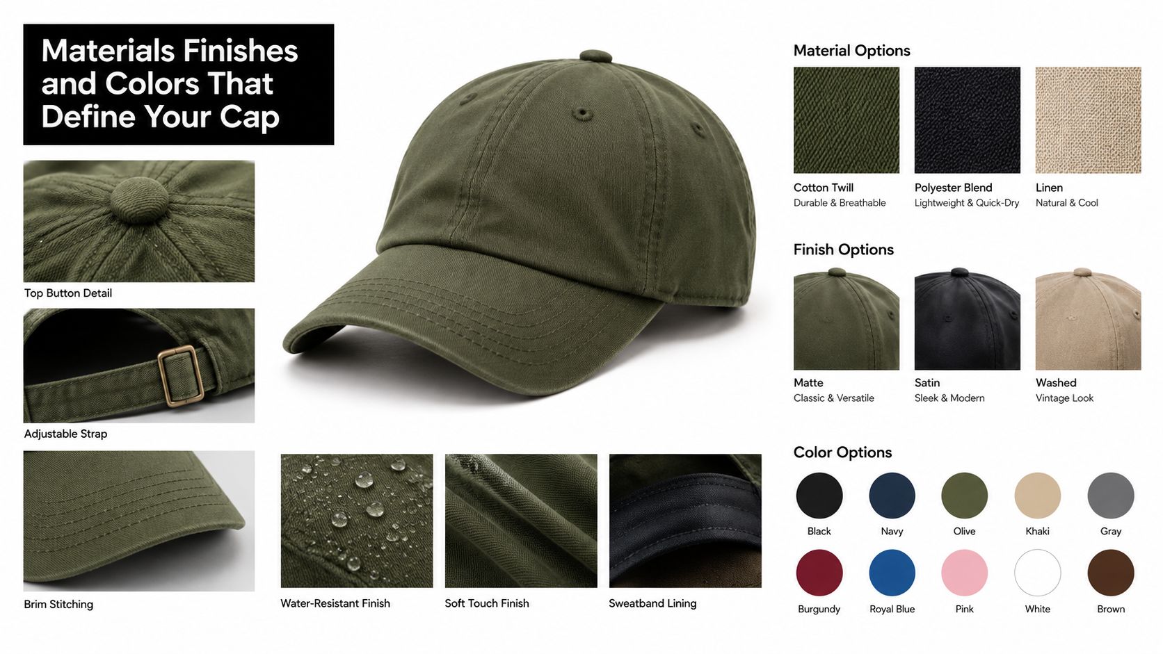 A product infographic showcasing various fabric materials, finish options, and color choices for custom baseball caps.