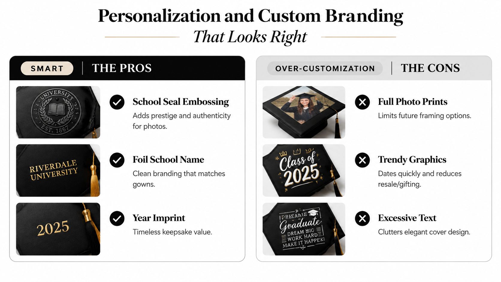 A comparison chart showing smart graduation diploma cover customization ideas versus over-customization styles to avoid.