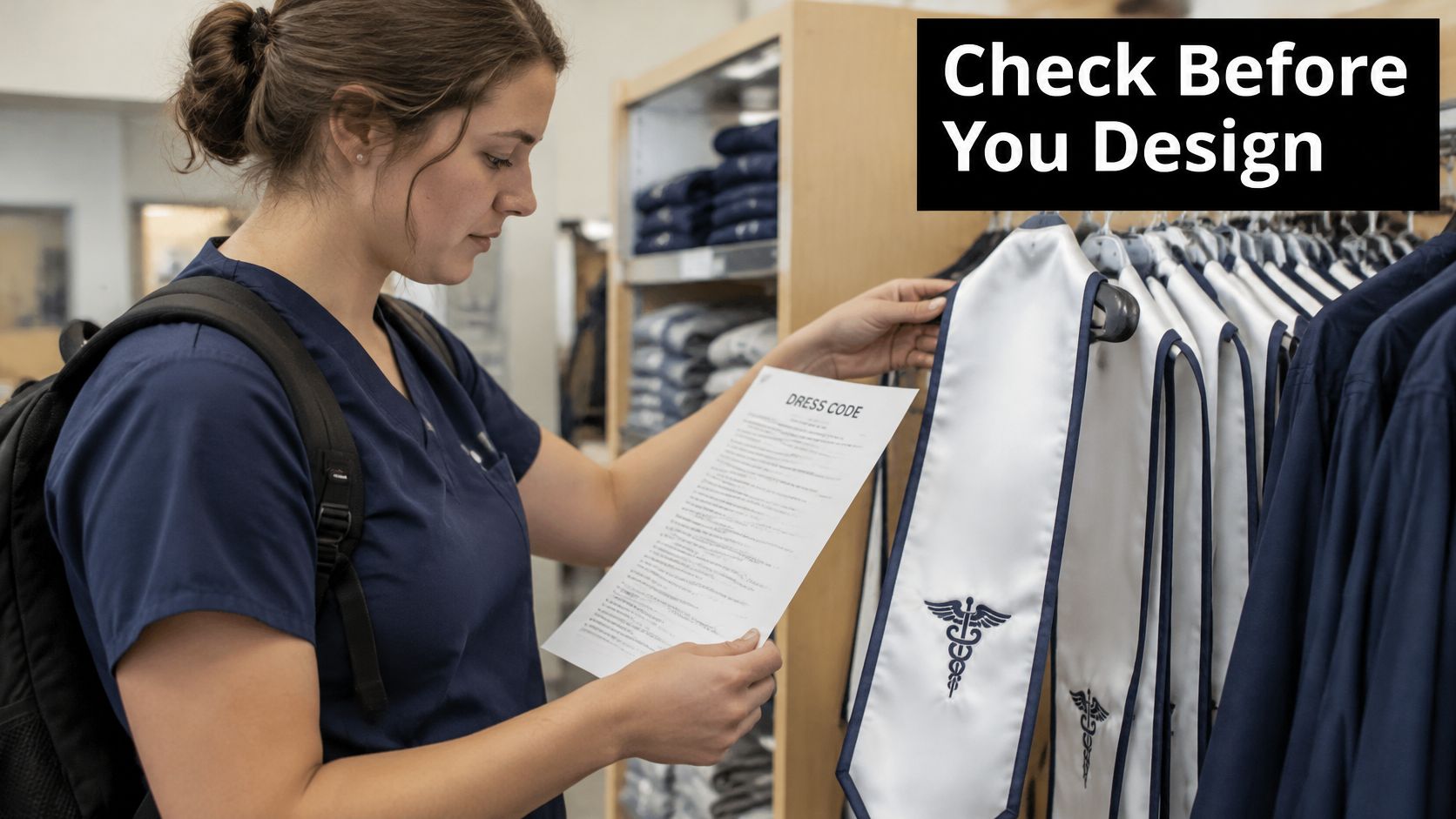 A nursing student checks a document about graduation dress codes while holding a BSN graduation stole.