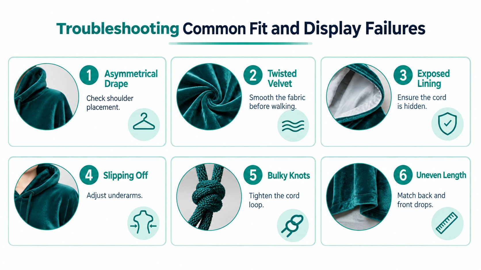 An instructional graphic titled Troubleshooting Common Fit and Display Failures for wearing a velvet doctoral hood.