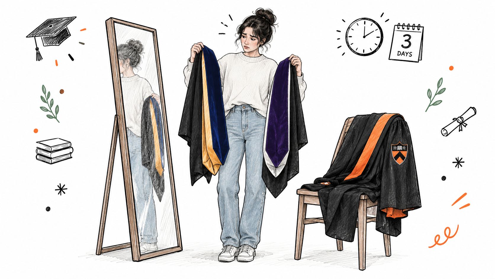 A student looking undecided at different academic hoods while preparing for her upcoming graduation ceremony.