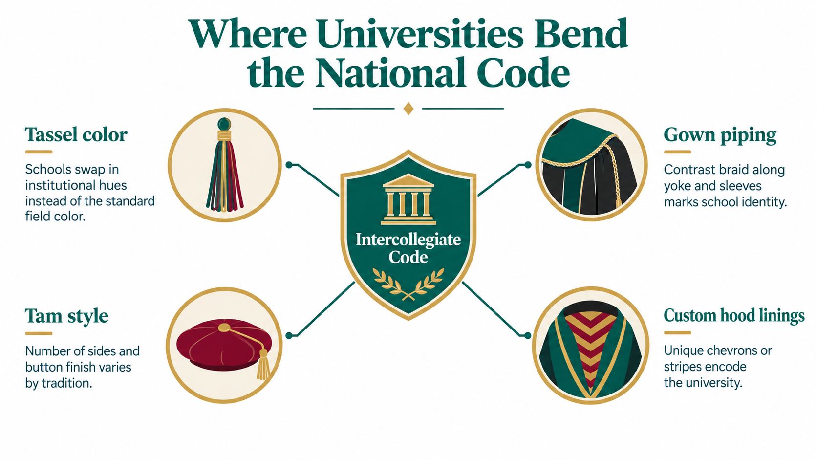 An infographic detailing how universities customize academic regalia, including tassel colors, gown piping, tam styles, and hood linings.