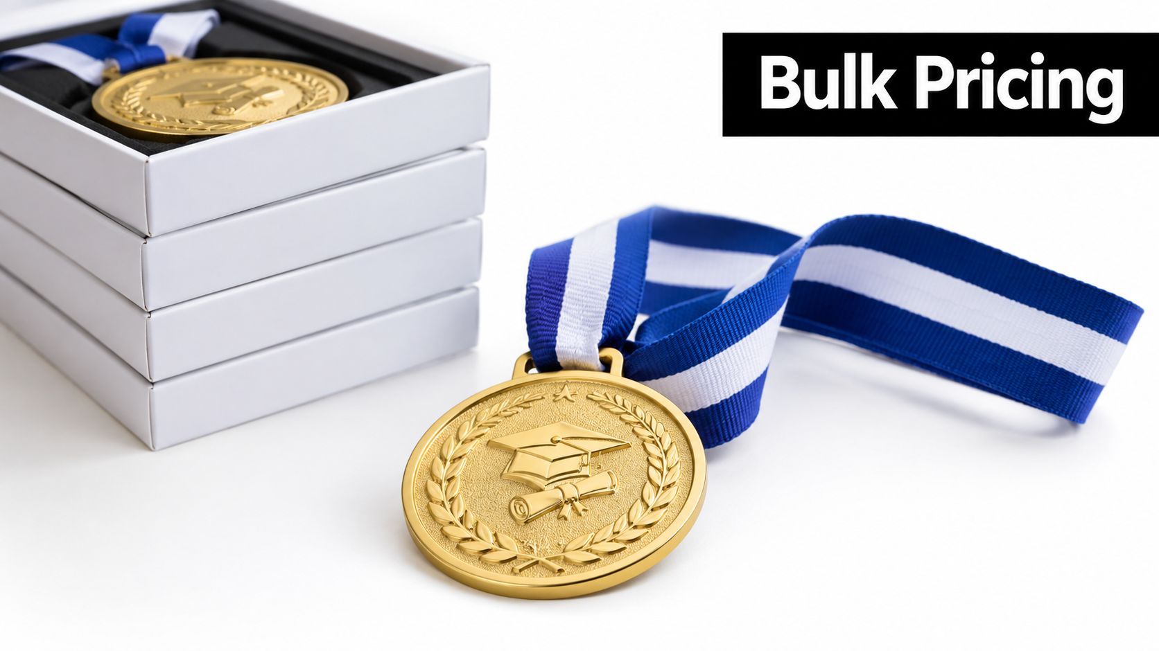A golden graduation medal with a blue and white ribbon sitting next to a stack of boxes.