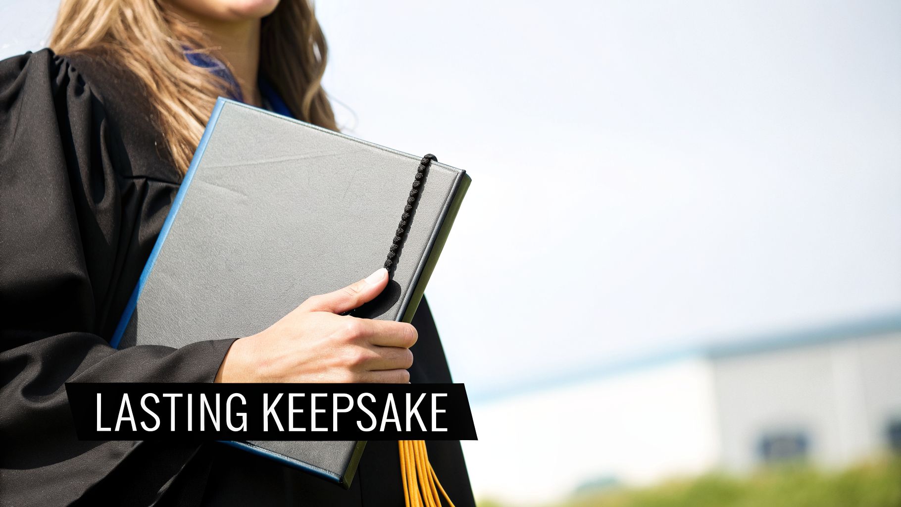 A person in a black graduation gown holds a grey diploma cover with a yellow tassel outdoors under a bright sky.