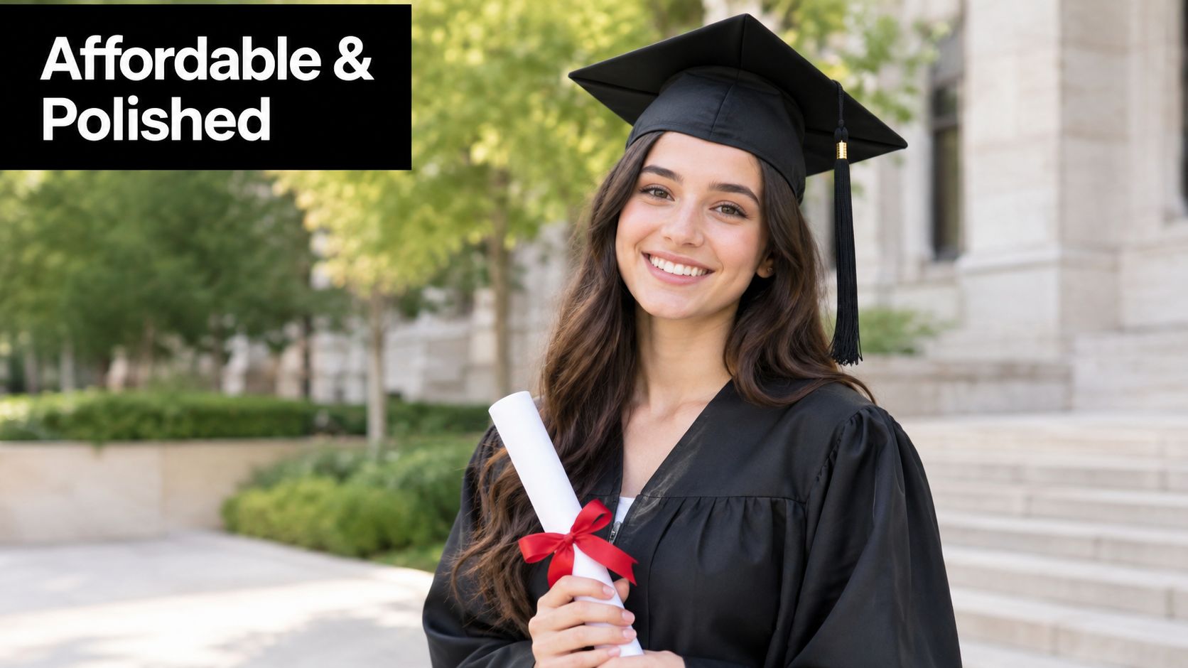 A smiling female college graduate wearing a black cap and gown, holding a diploma outdoors.