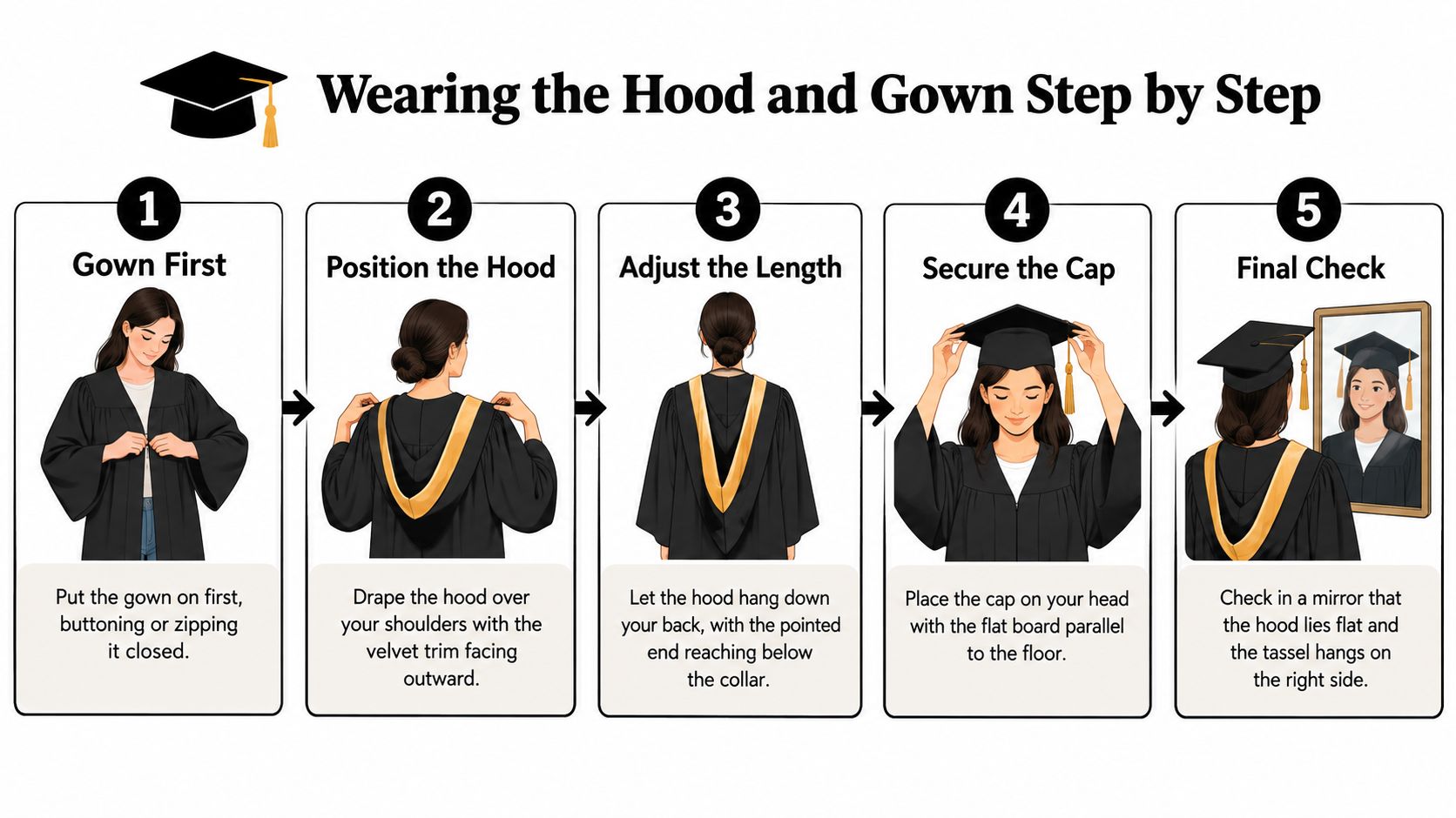 A step-by-step illustrated guide showing how to properly wear a graduation gown, hood, and cap.