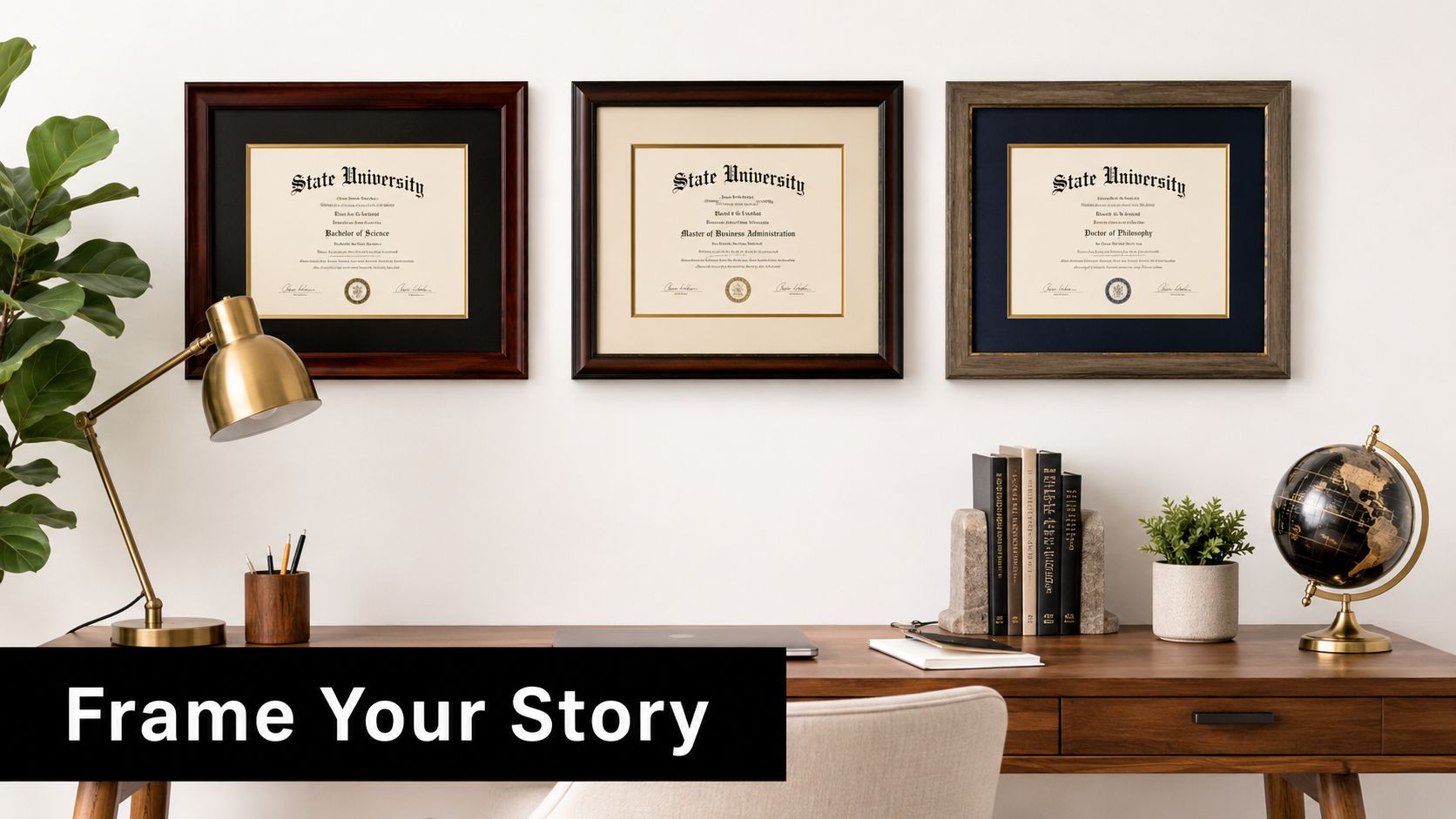 A professional home office desk featuring three framed university degrees hanging on a white wall above.