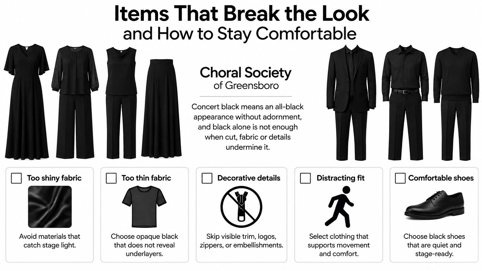 A guide illustrating proper concert black attire for choir members with examples of acceptable clothing and tips.