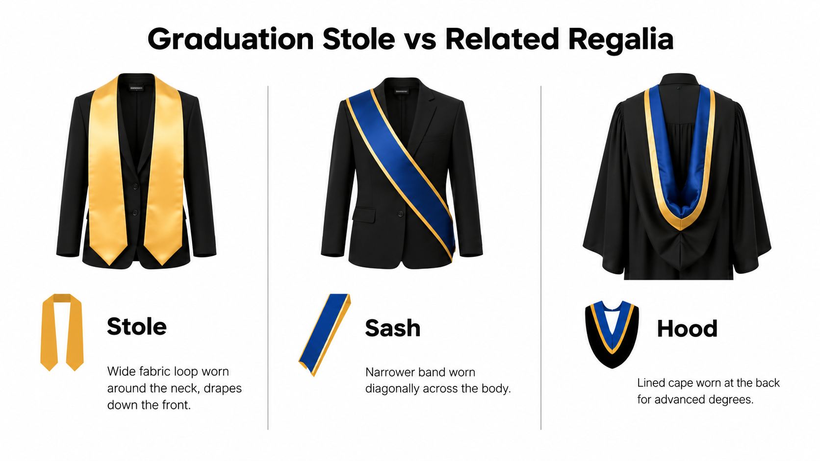 A comparison chart showing the differences between a graduation stole, a sash, and a graduation hood.