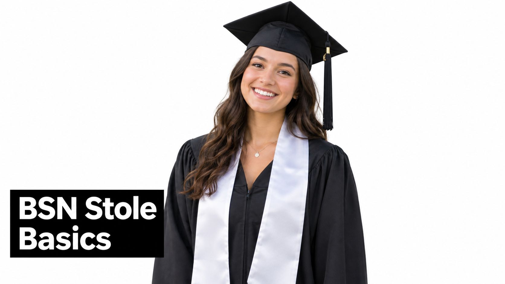 A smiling female graduate student wearing a black graduation gown, cap, and a plain white graduation stole.