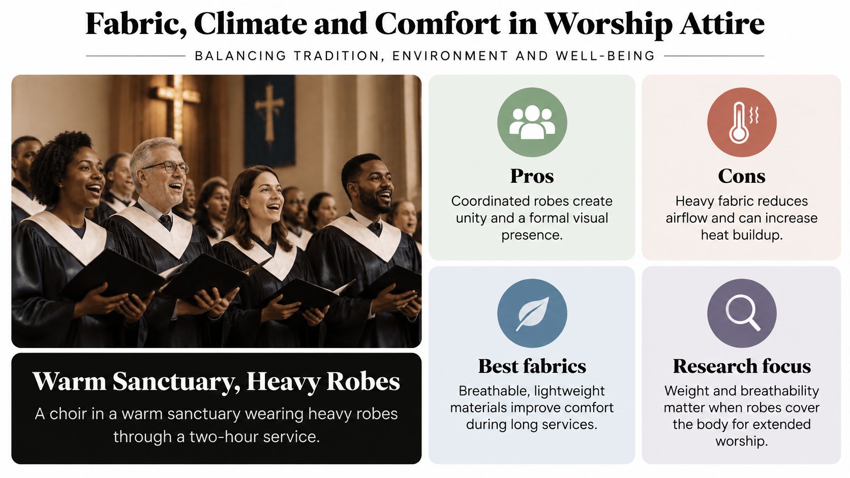 A choir members wearing heavy traditional robes in a warm sanctuary while holding hymnals during service.