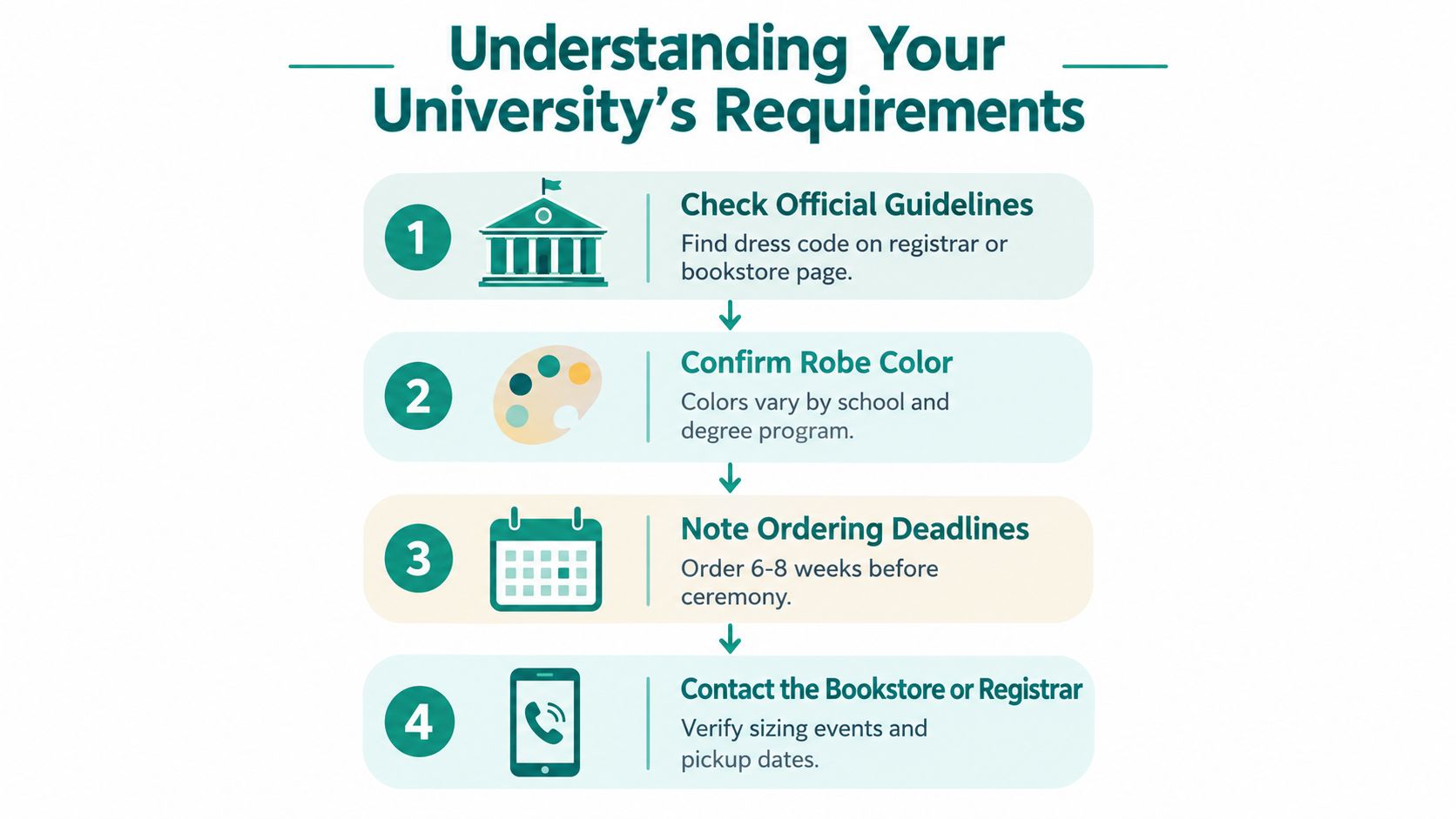 A four-step infographic explaining how to understand university requirements for ordering bachelors graduation robes.