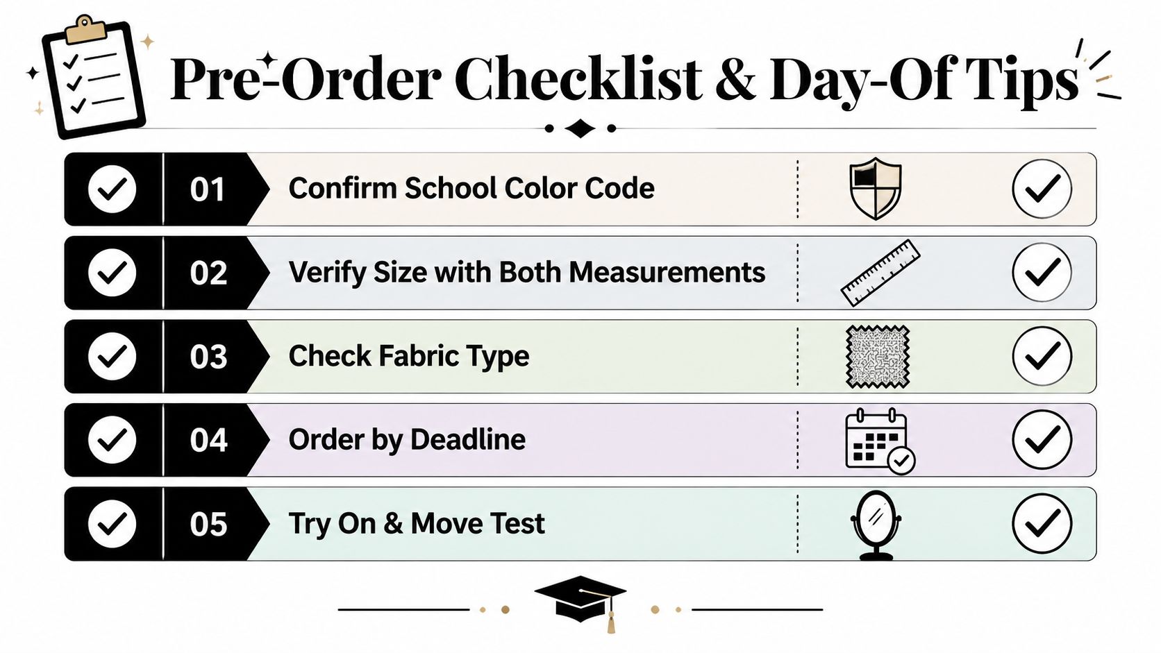A helpful pre-order checklist and day-of tips guide for students preparing for graduation attire.