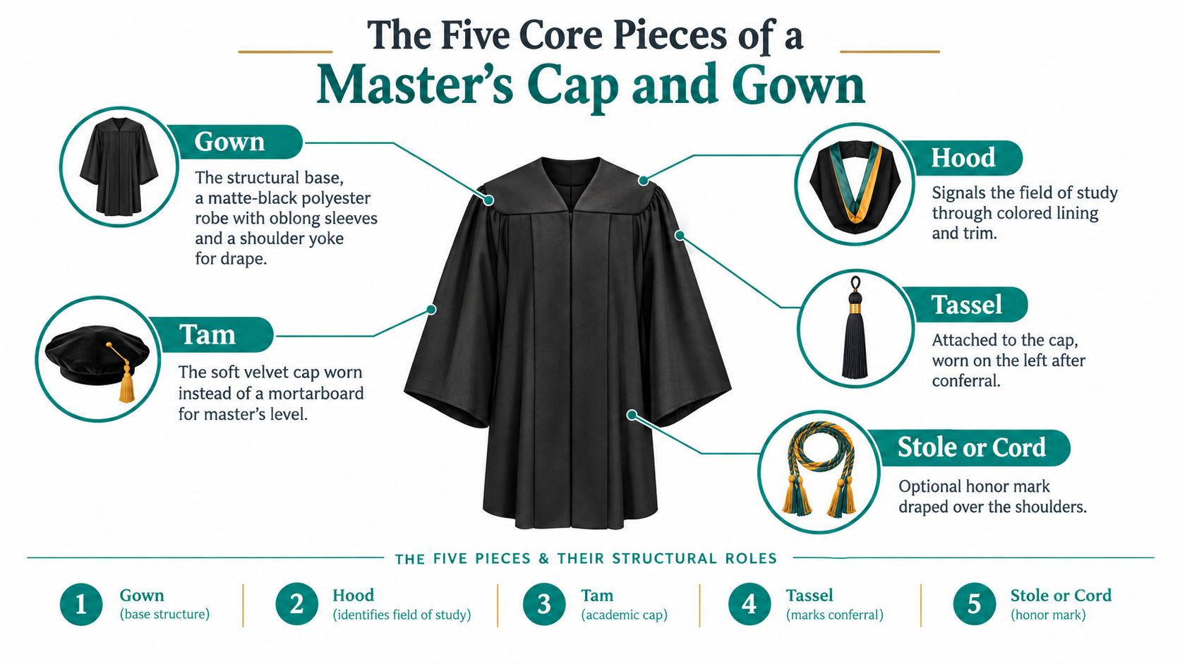 An educational infographic labeling the five core components of a master's degree graduation cap and gown.