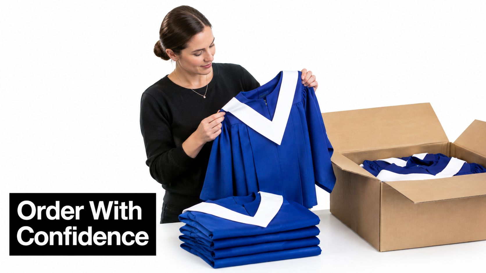 A woman holding a blue choir robe with a white collar next to a box of robes.