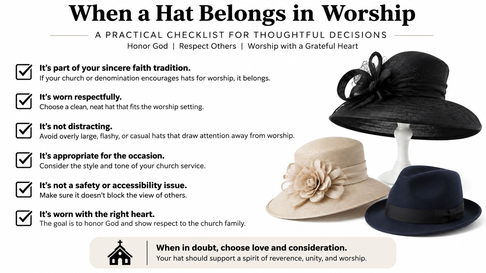 A checklist about wearing hats for worship featuring tips alongside three different styles of hats.