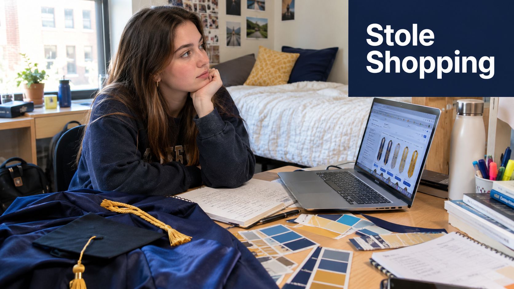 A college student sitting at her desk, browsing for graduation stoles on her laptop in a dorm room.