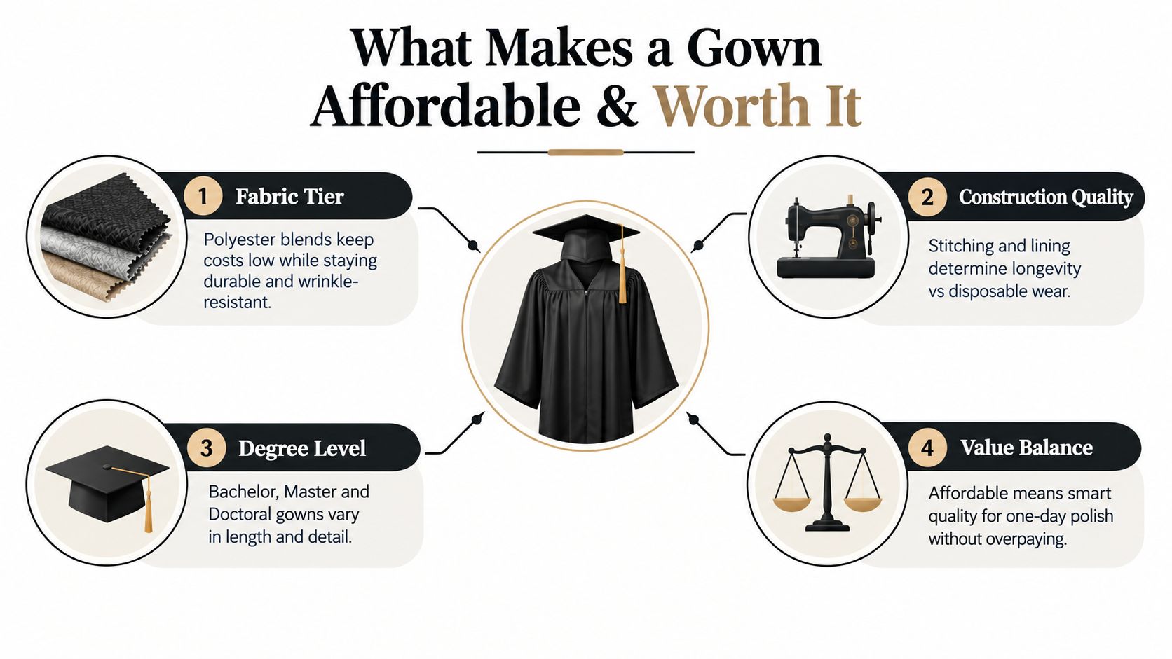 An infographic titled What Makes a Gown Affordable and Worth It, showcasing four key factors for graduation attire.