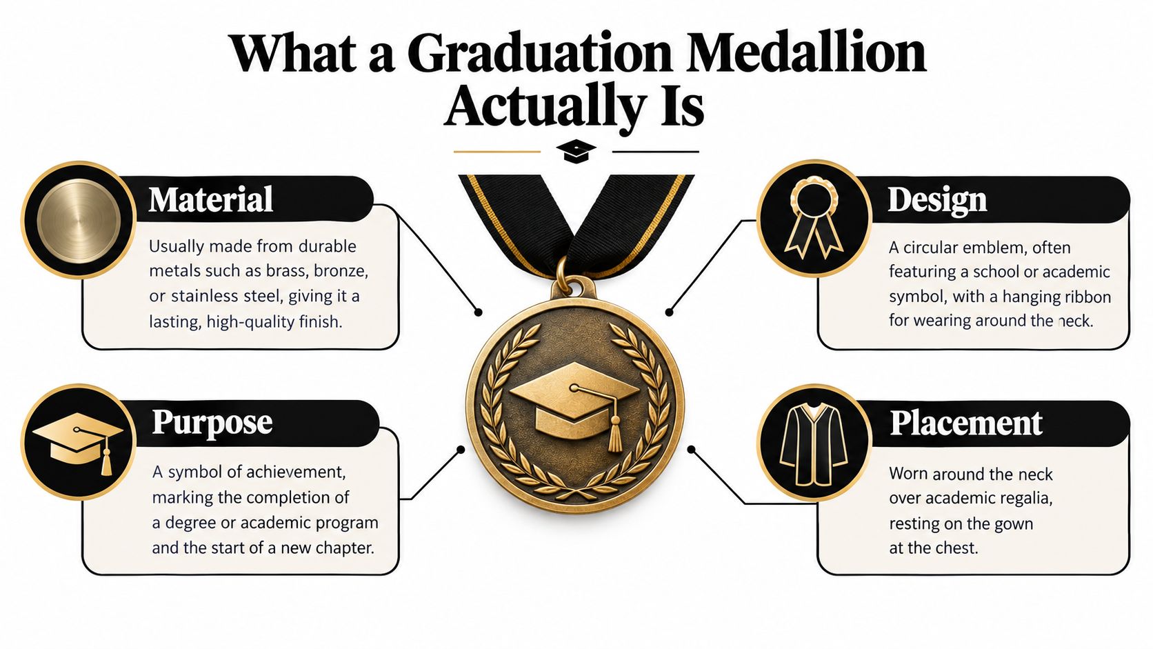 An infographic detailing the material, purpose, design, and placement of a graduation medallion for academic recognition.