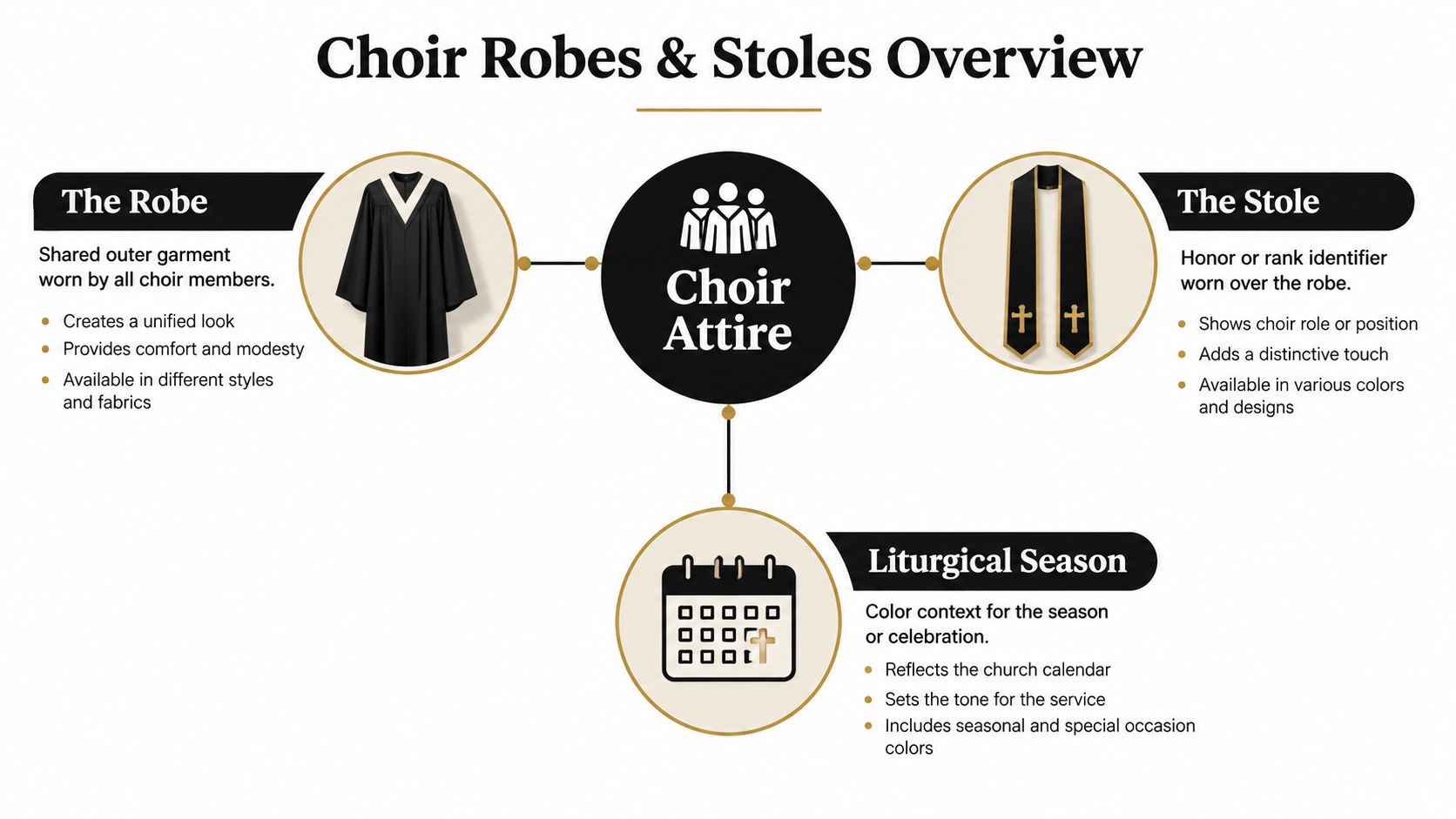 A diagram illustrating the elements of choir attire, including robes, stoles, and their relation to liturgical seasons.