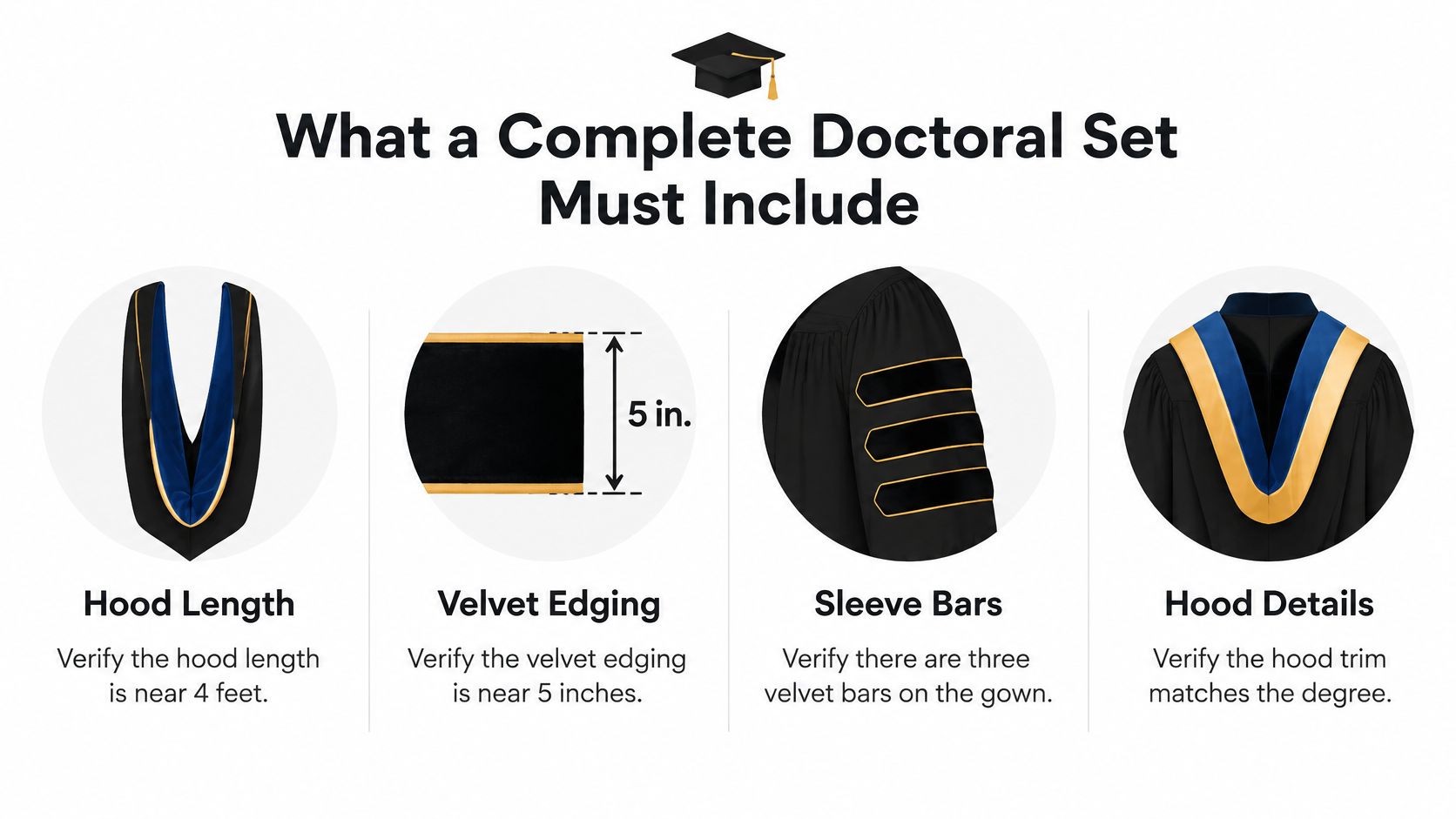 A visual guide outlining the necessary components of a complete doctoral regalia set including hood and gown.