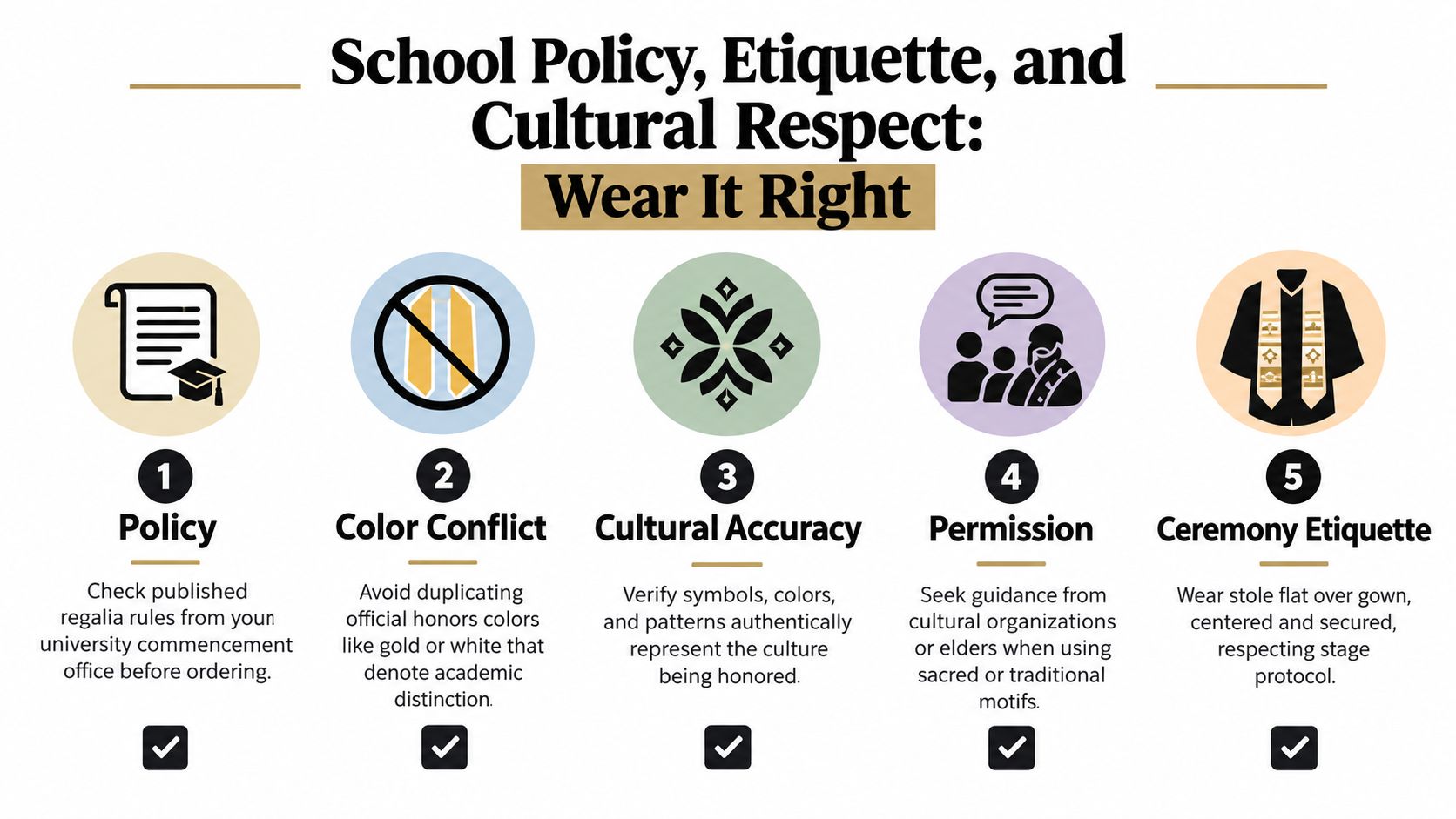 An infographic titled School Policy, Etiquette, and Cultural Respect illustrating five guidelines for wearing graduation stoles.