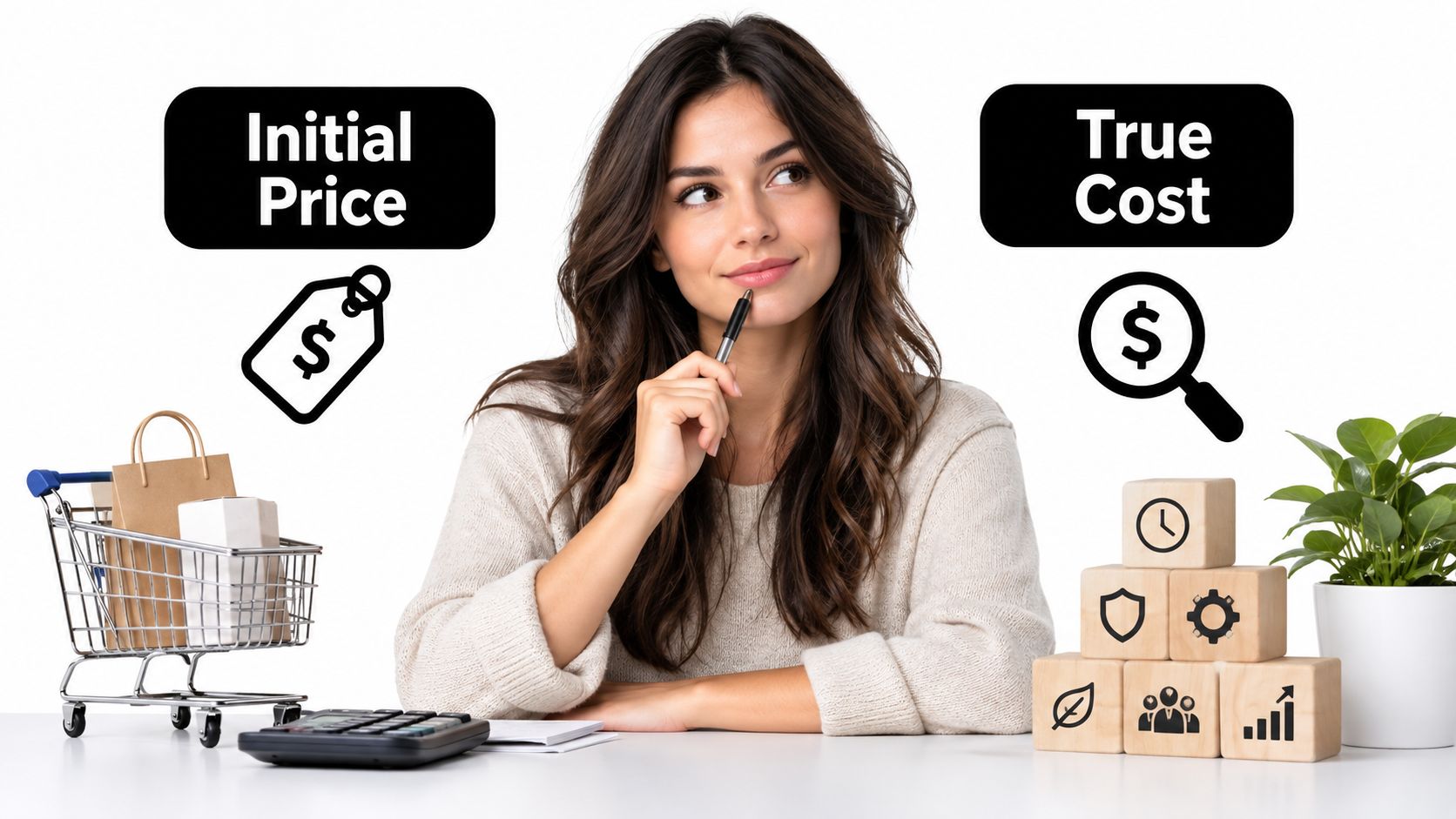 A woman thinking about the difference between initial price and true cost of products at a desk.