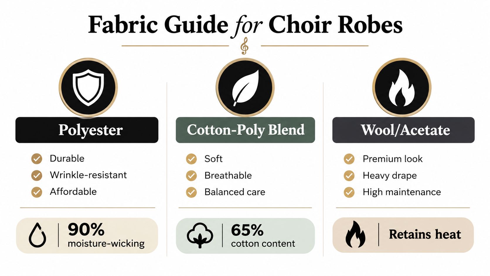 A comparison guide for choir robe fabrics, featuring polyester, cotton-poly blend, and wool-acetate material properties.