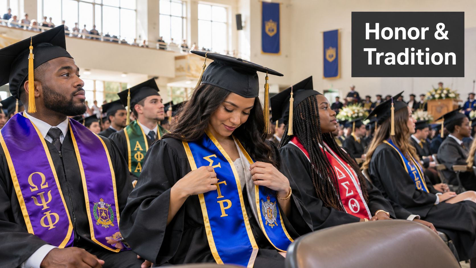 A diverse group of university students wearing graduation caps and colorful Greek organization stoles during a commencement ceremony.