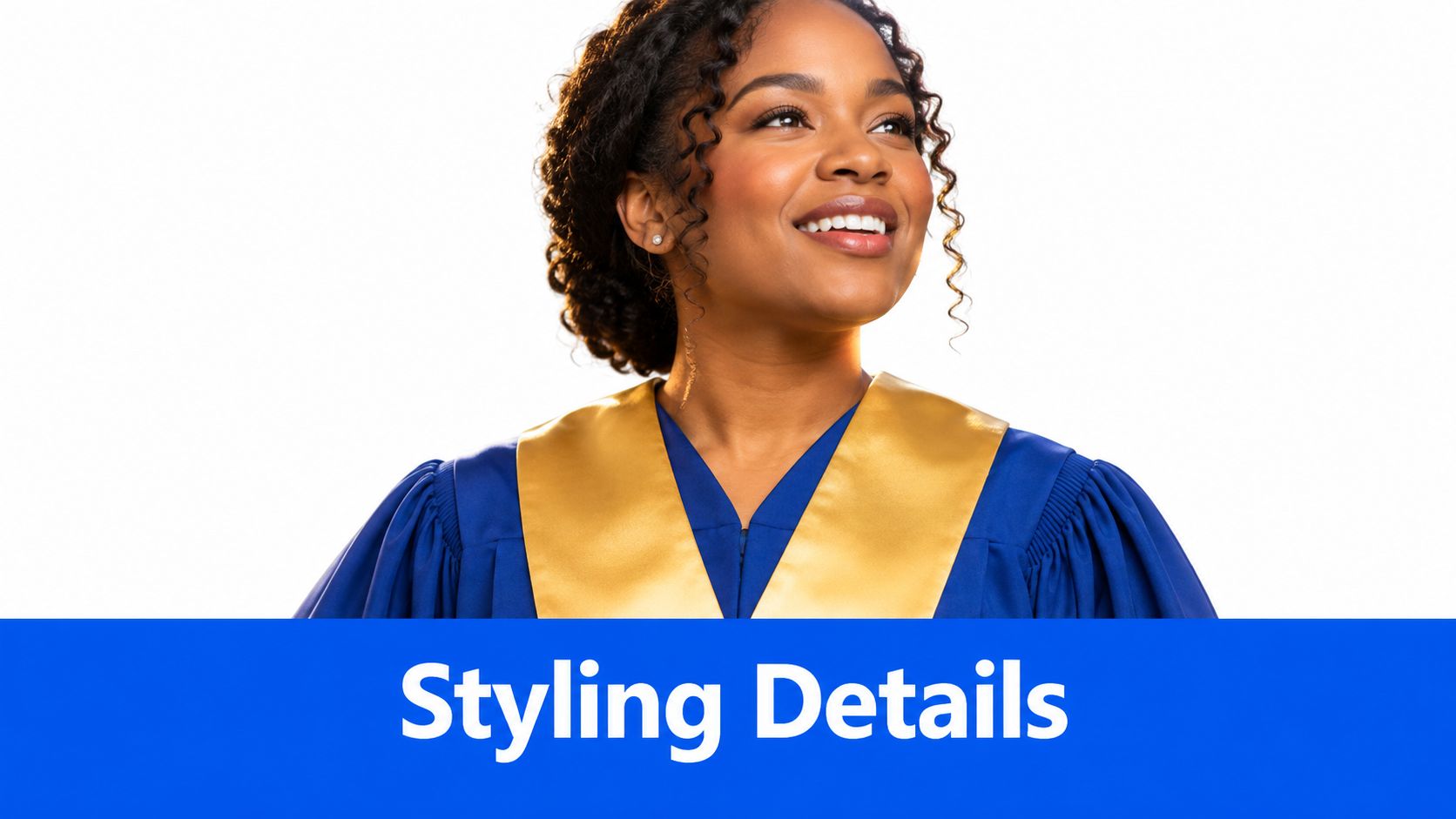 A smiling young woman wearing a traditional blue graduation robe with a gold sash against a white background.