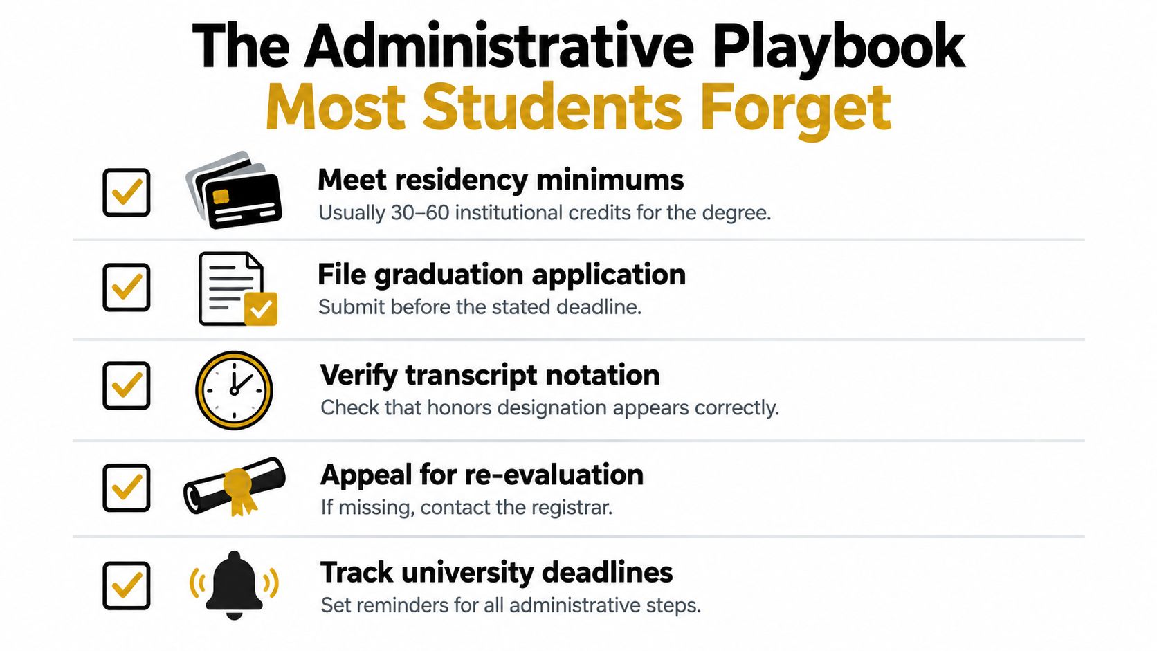 A checklist infographic titled The Administrative Playbook Most Students Forget listing essential steps for graduation.