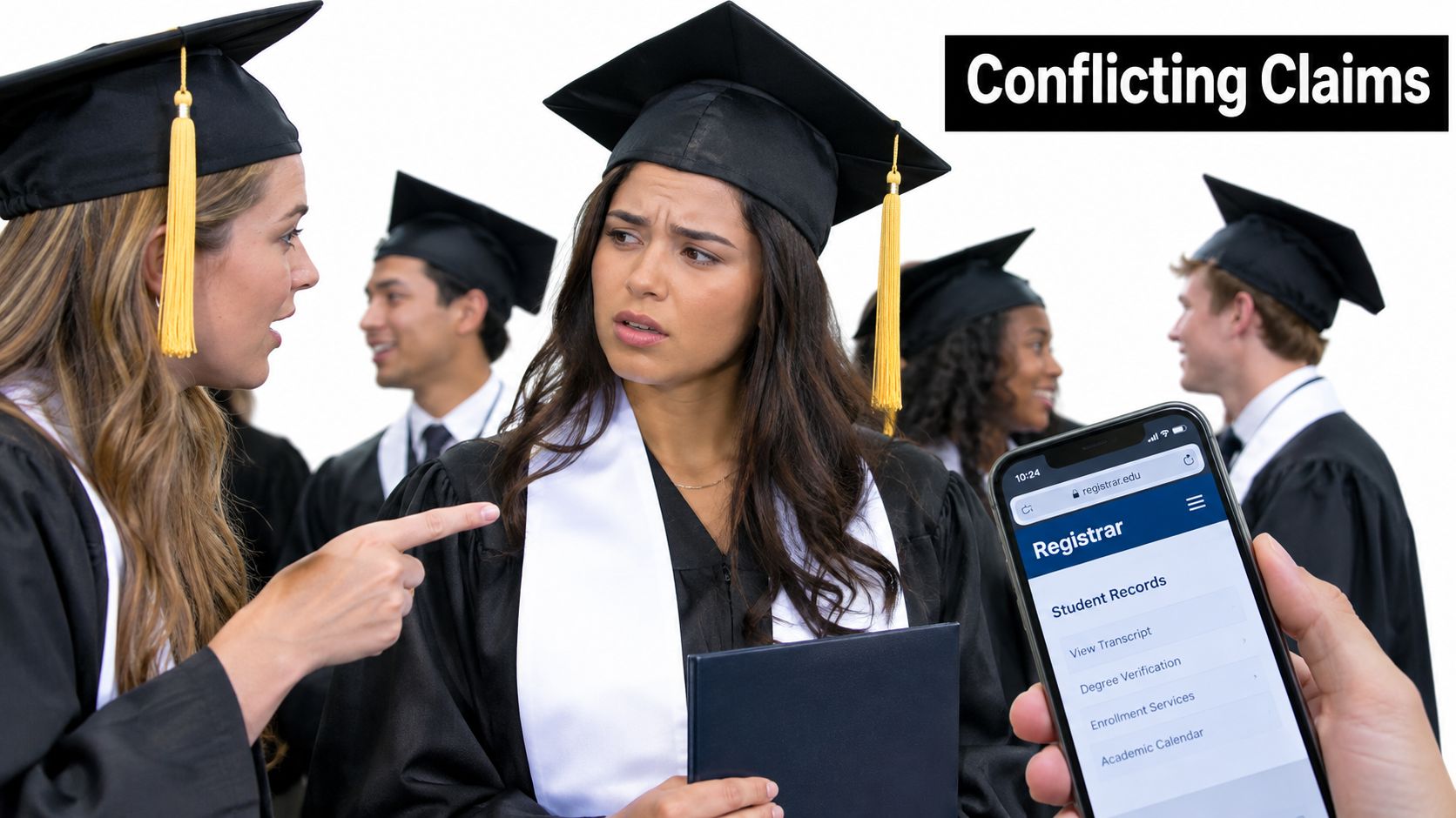 A woman in graduation attire points to a confused graduate, while a smartphone displays a university registrar website.
