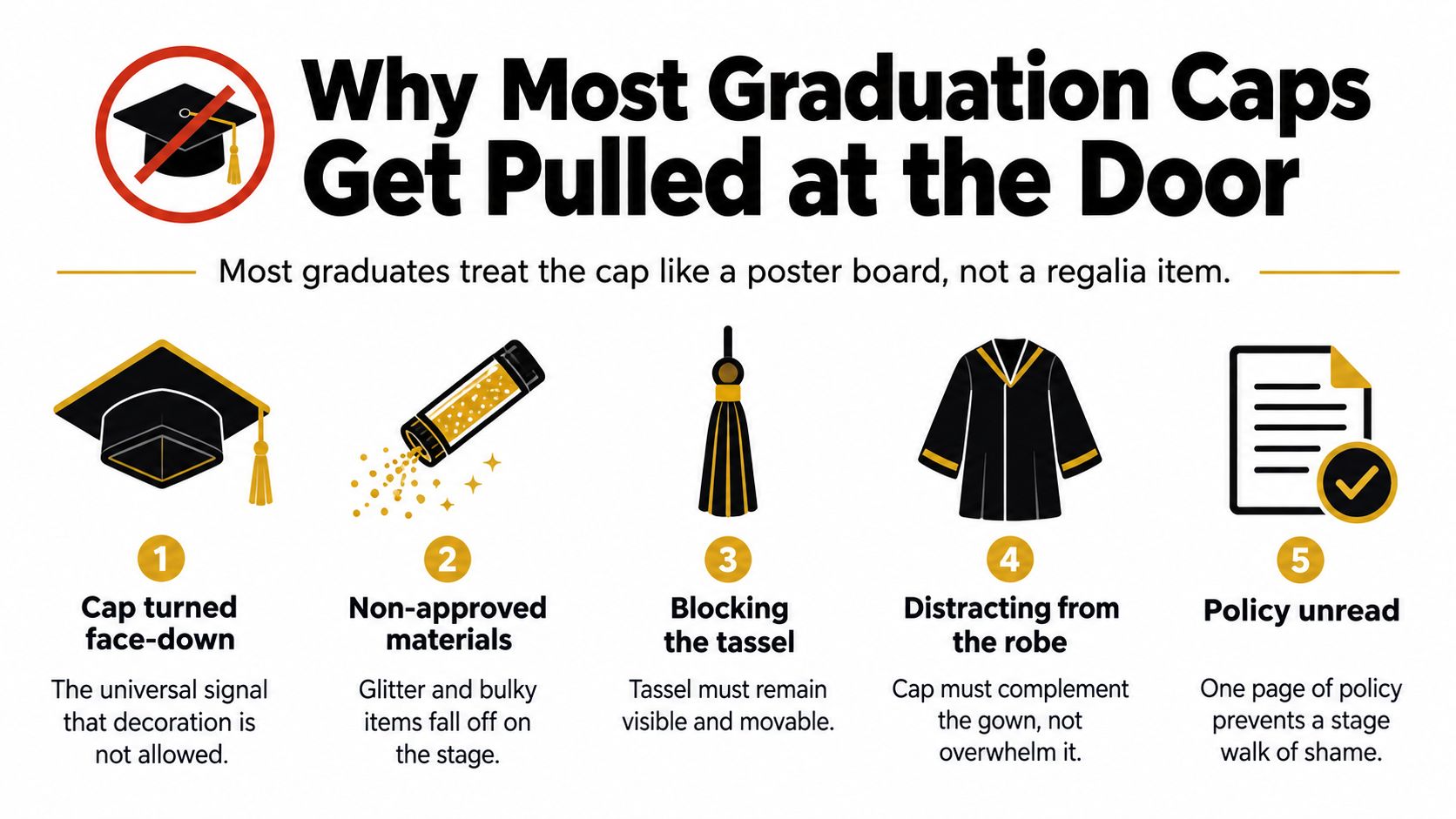 An infographic titled Why Most Graduation Caps Get Pulled at the Door, listing five reasons decorations are restricted.