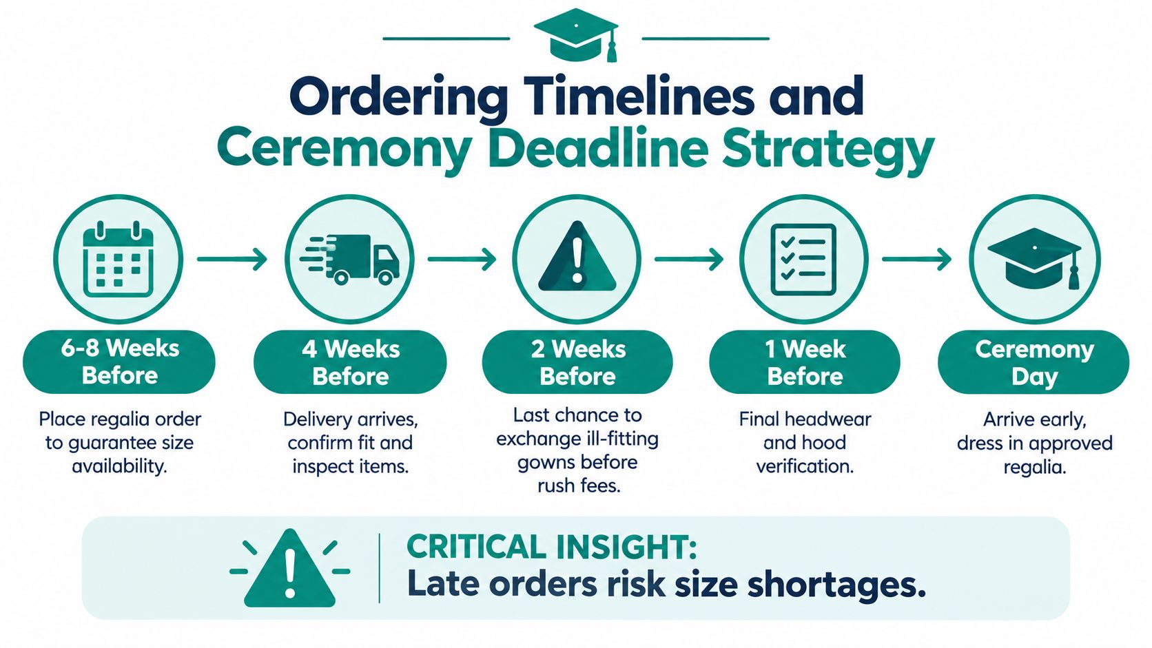A timeline graphic showing graduation regalia ordering steps from six weeks before to ceremony day.