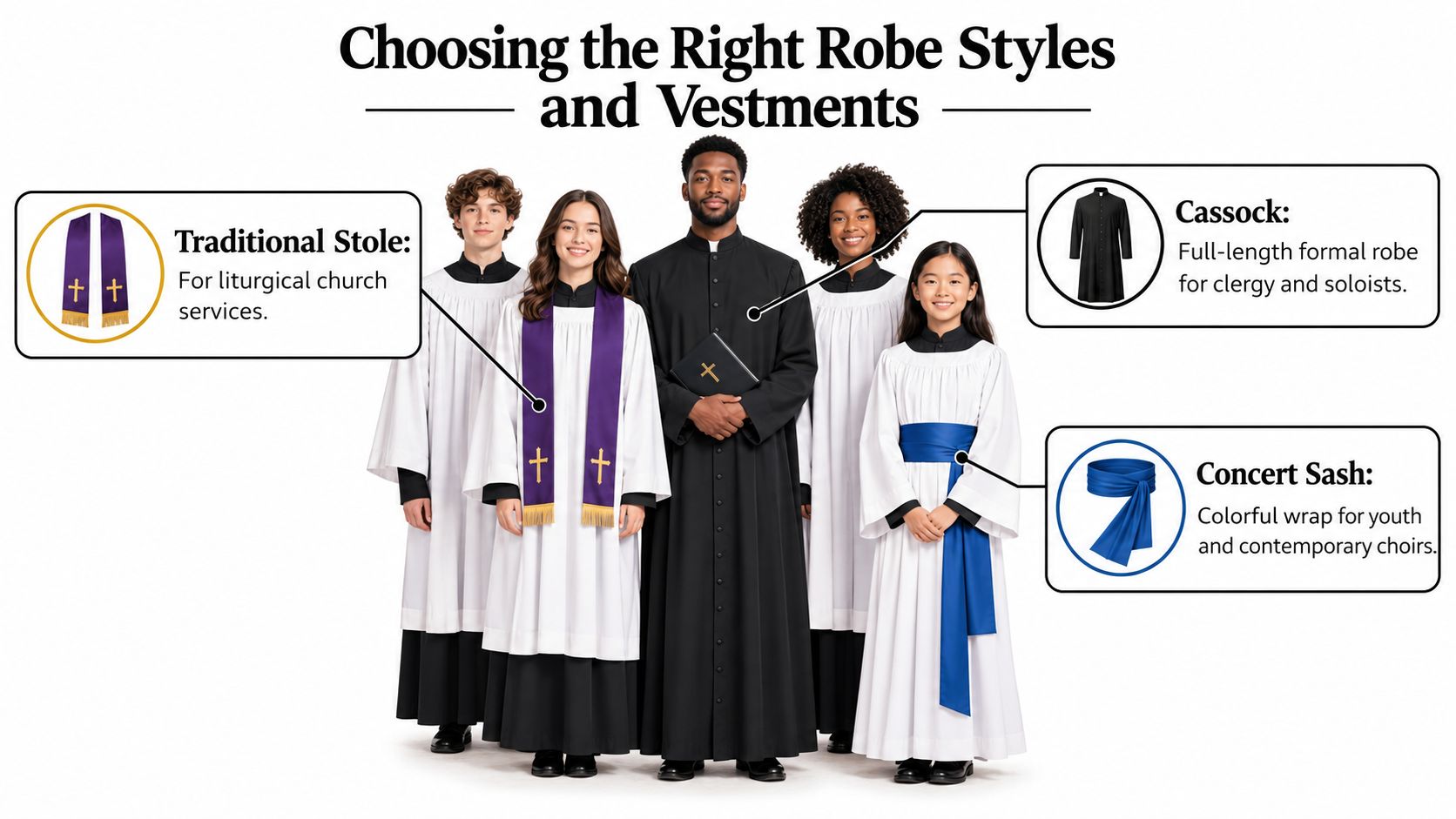 A diverse group of people wearing various church choir robes and vestments including stoles, cassocks, and sashes.
