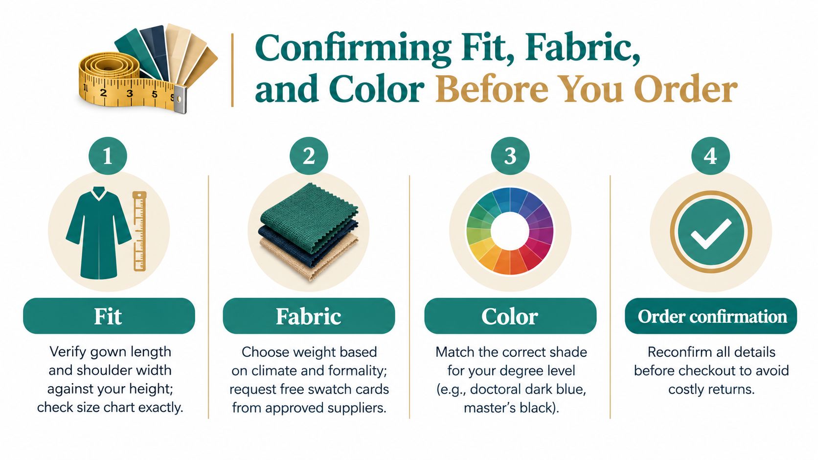 An infographic showing four steps to confirm fit, fabric, and color when ordering academic regalia online.