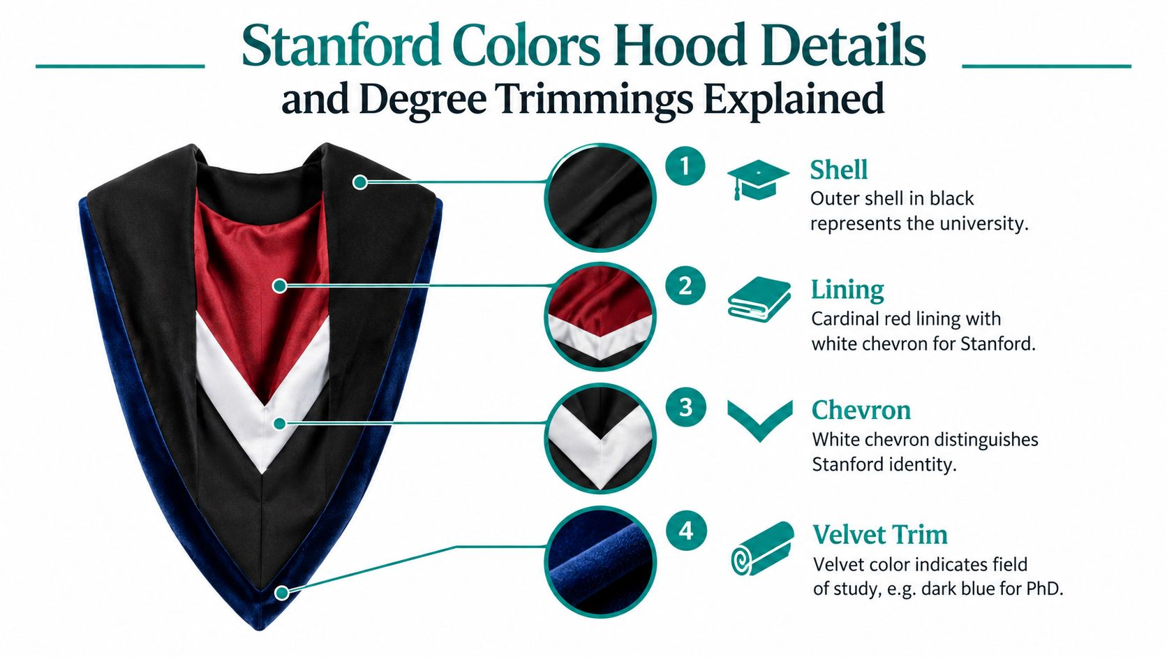 A detailed infographic explaining the components and color symbolism of the official Stanford University academic hood.