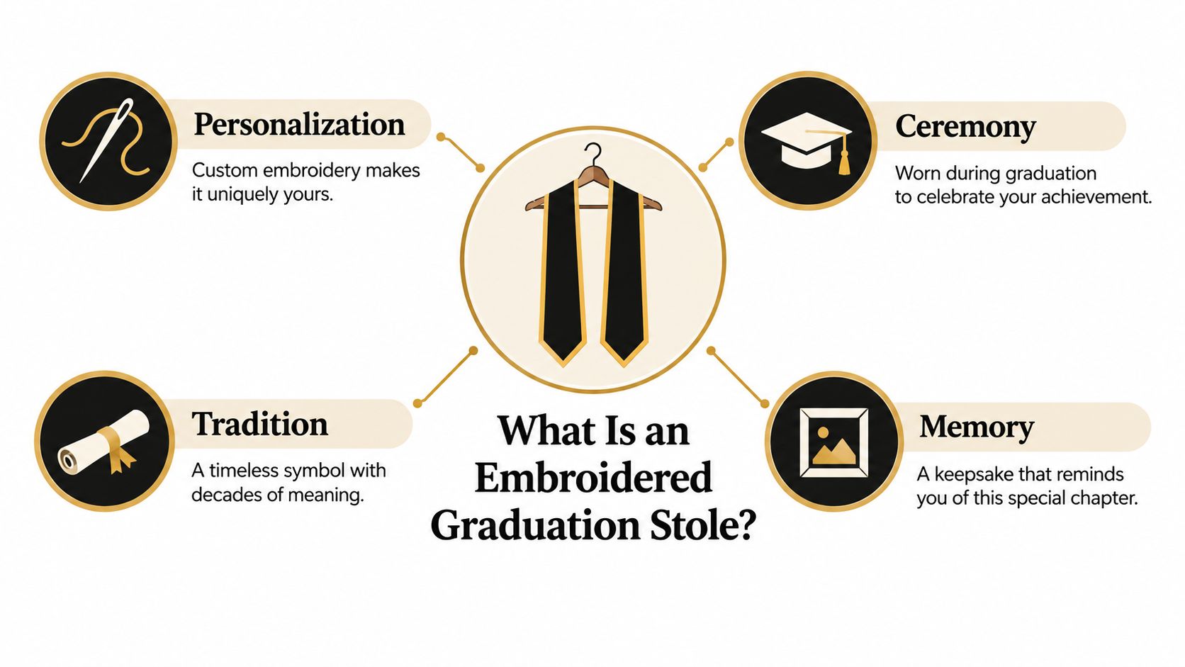 An infographic titled What Is an Embroidered Graduation Stole, showcasing four key aspects including personalization, ceremony, tradition, and memory.