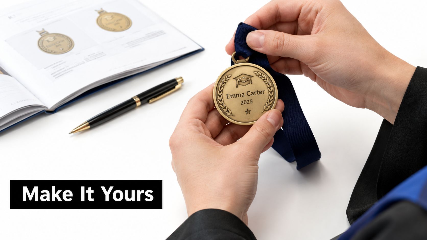 A person in graduation regalia holding a personalized gold medallion with a graduation cap and name engraved.