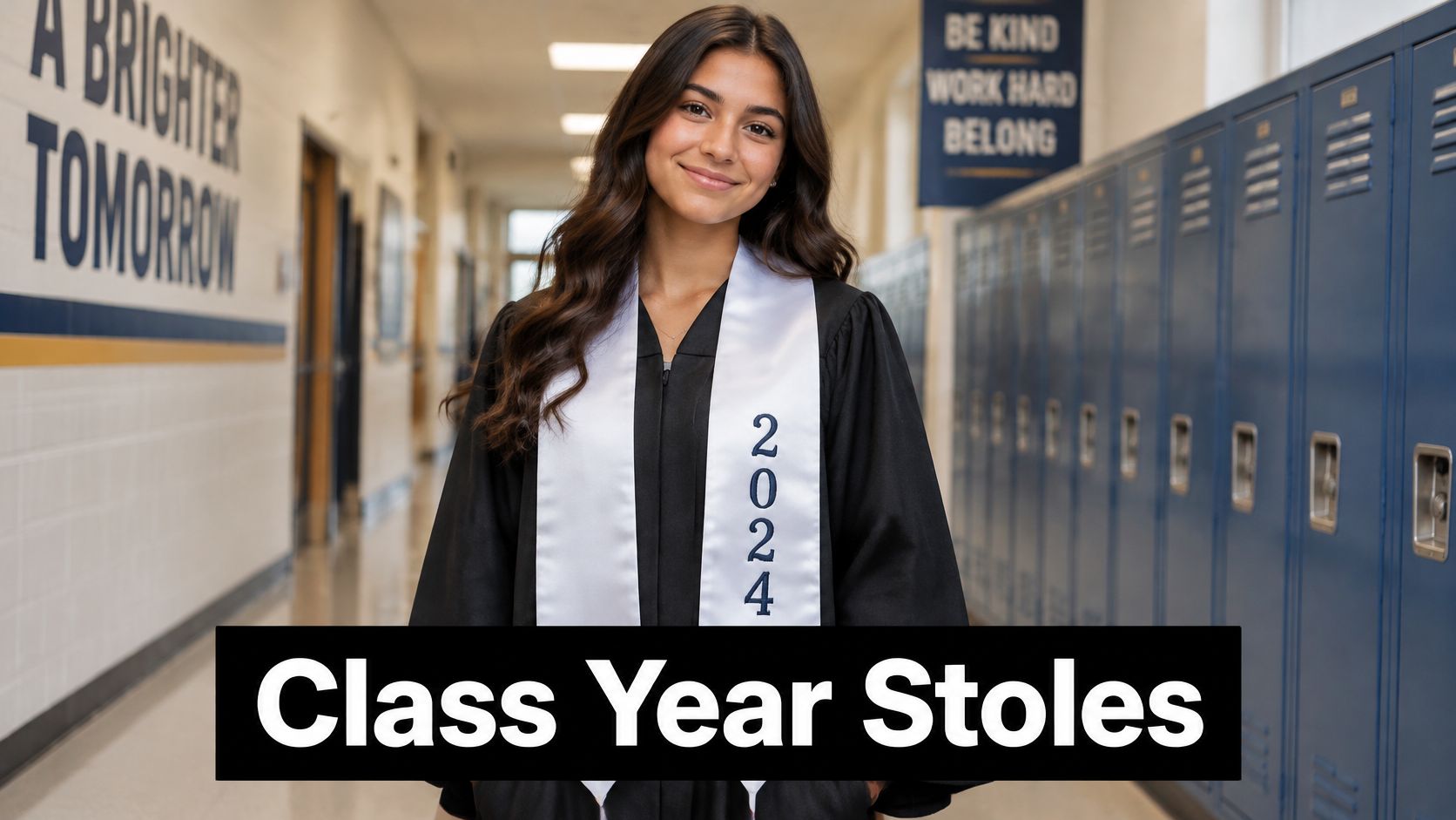 A smiling high school graduate wears a custom white graduation stole featuring the year 2024.