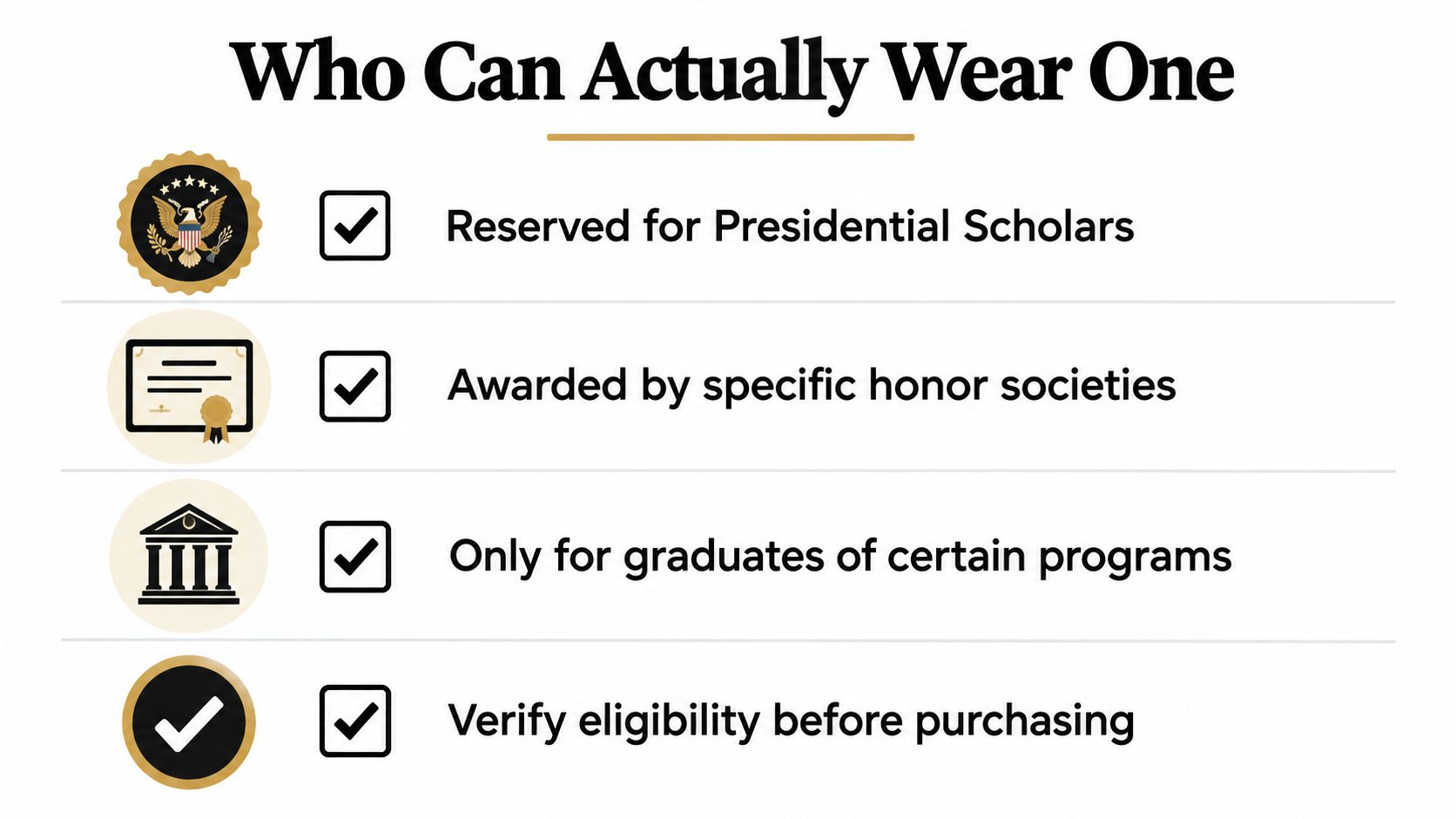 An infographic titled Who Can Actually Wear One showing four eligibility requirements for graduation medallions with icons.